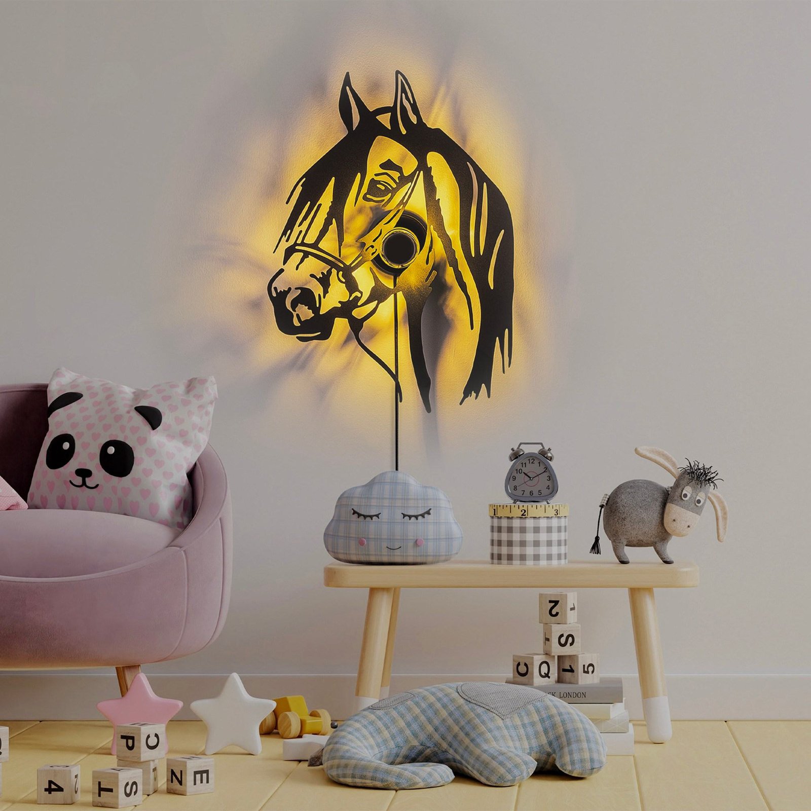 Horse aplique de pared, negro, metal, 57 x 41 cm, cable de enchufe