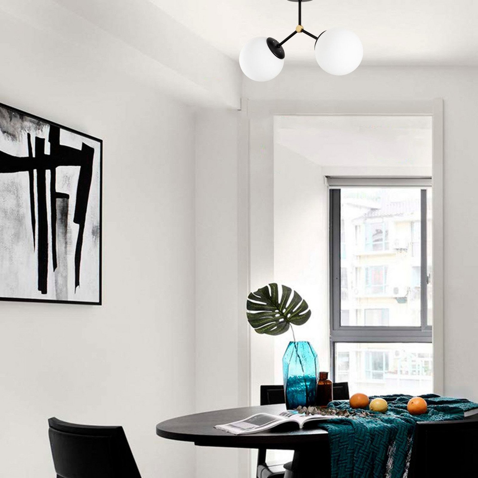 Opviq Plafonieră Damar negru sticlă 2 becuri lungime 44 cm - Camera de zi / sufragerie - negru alb