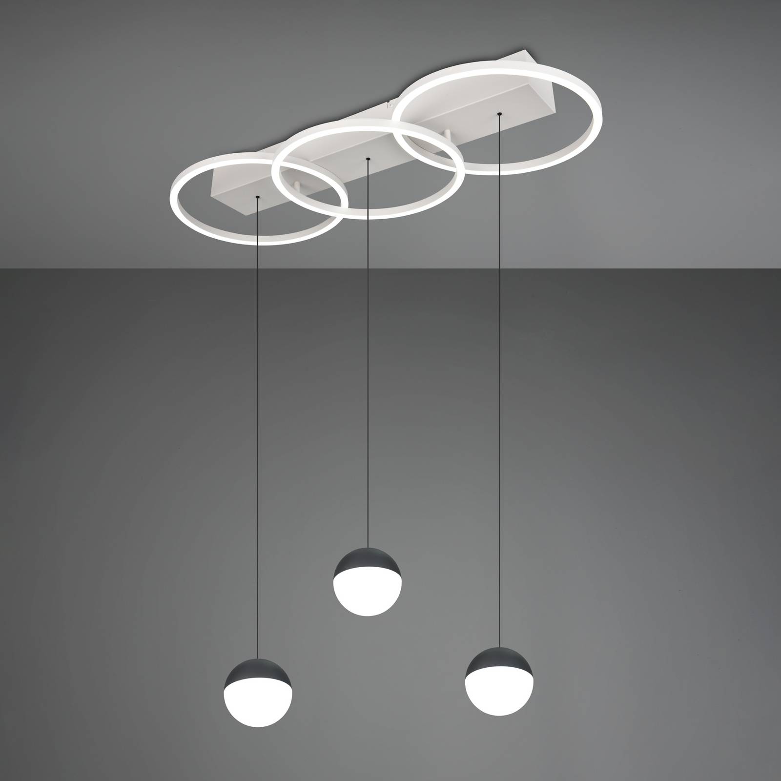 Reality Leuchten LED-hanglamp Larino lang, lichtgrijs, metaal, CCT, afstandsbediening