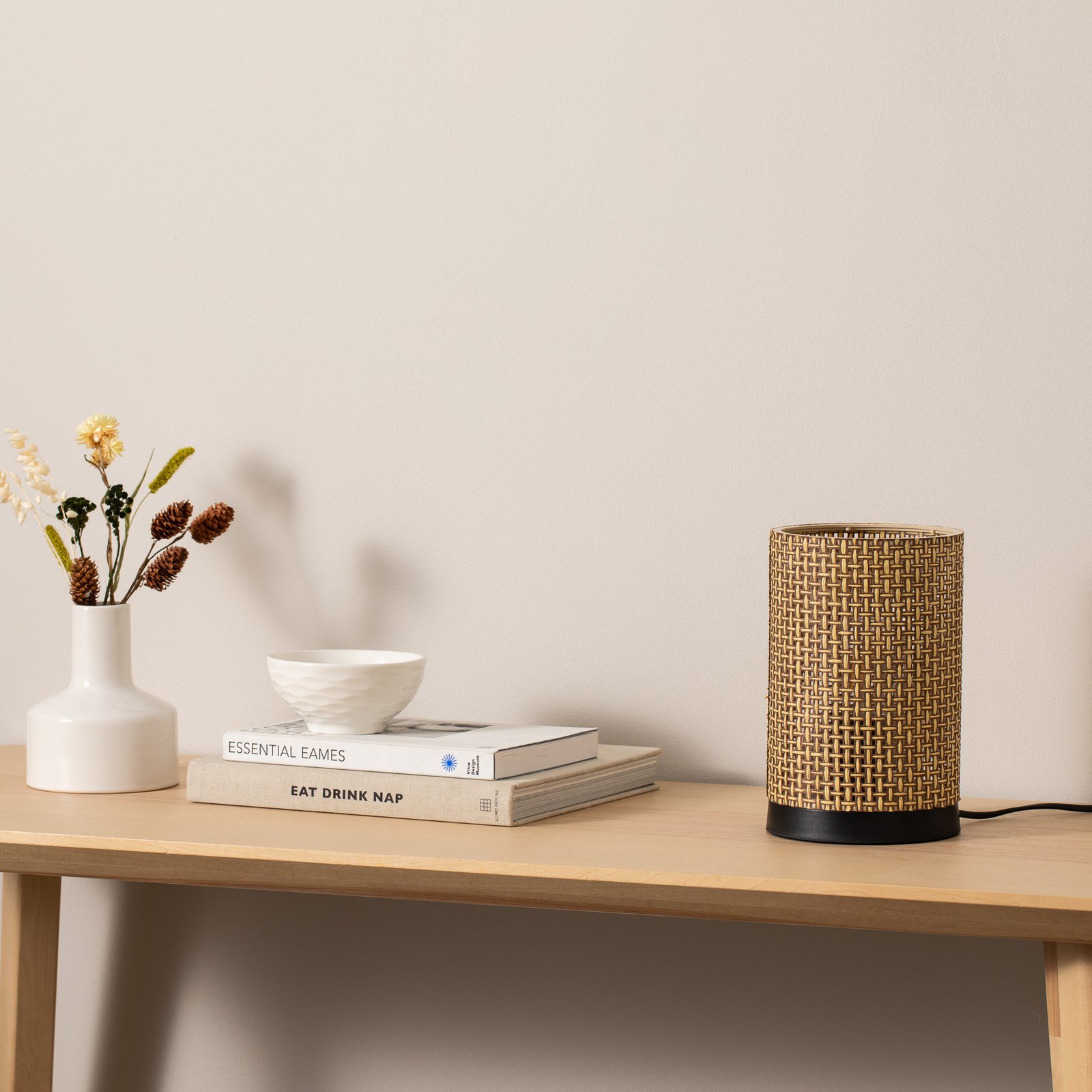 Stolová lampa Tina, hnedá vzorovaná, valcovitá, Ø 14 cm