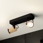 Projetor de teto Cayuca, decoração em preto/madeira, duas lâmpadas