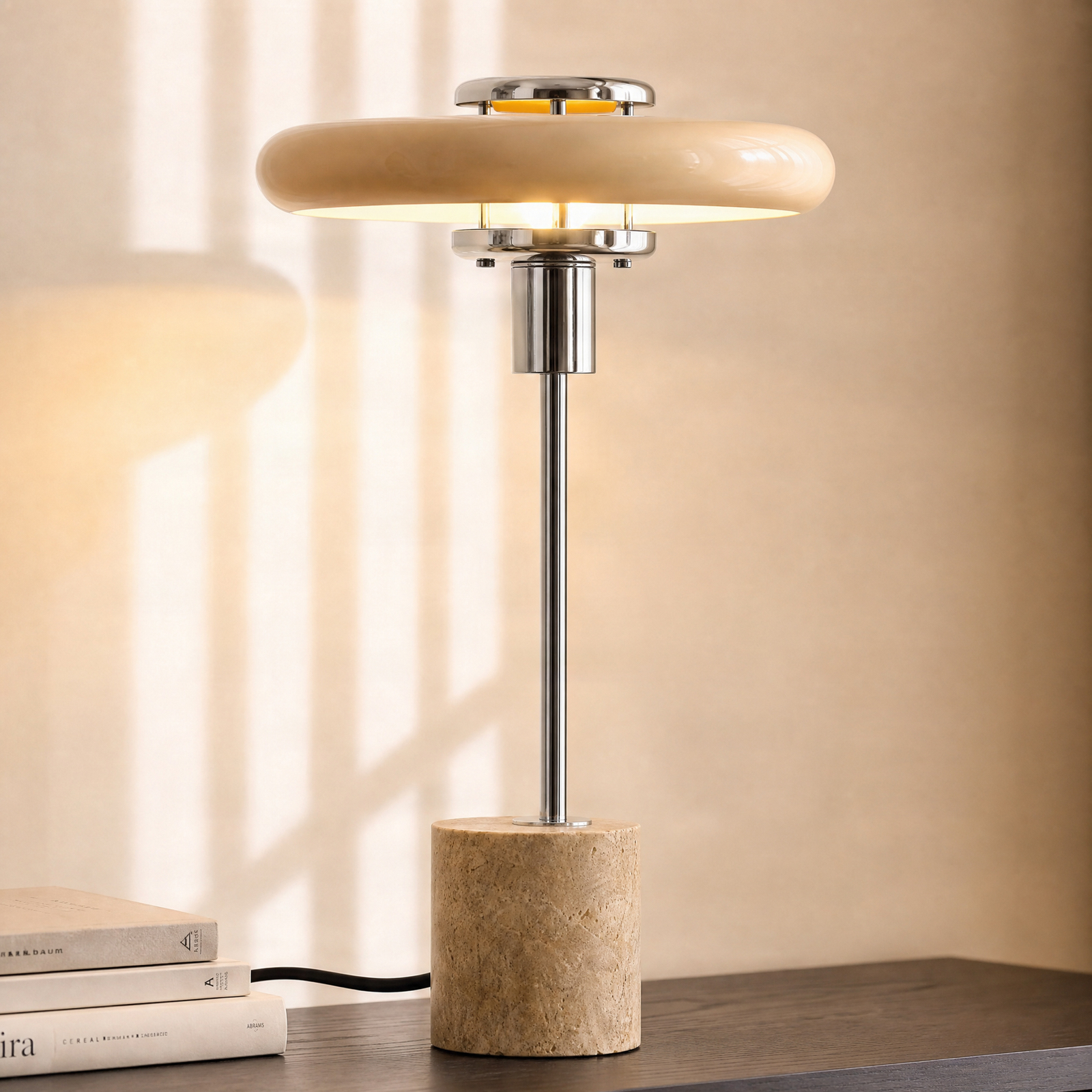lampe à poser Lindby Branford, rétro, beige, métal/travertin