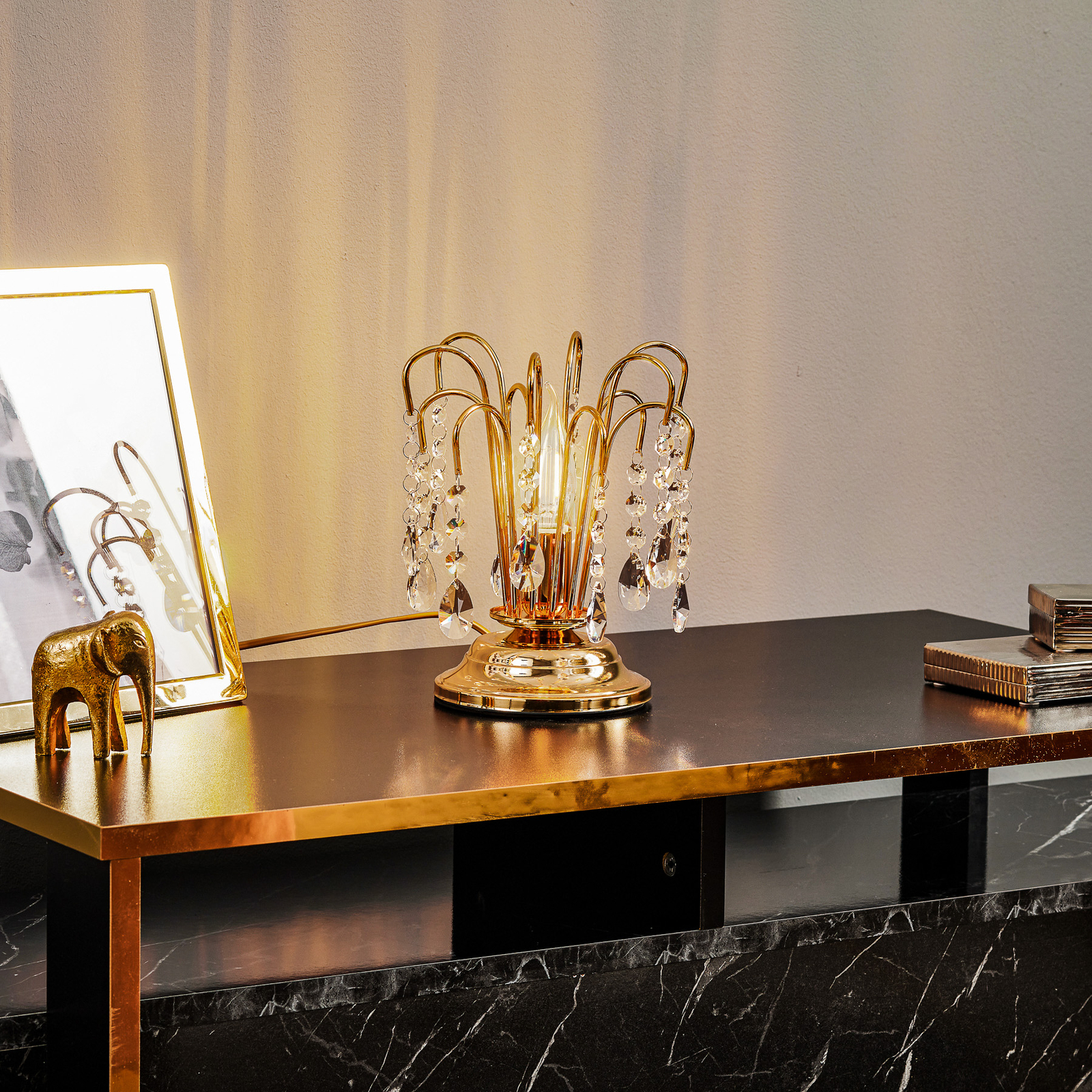 Lampe de table Pioggia avec pluie de cristaux, 26cm, or