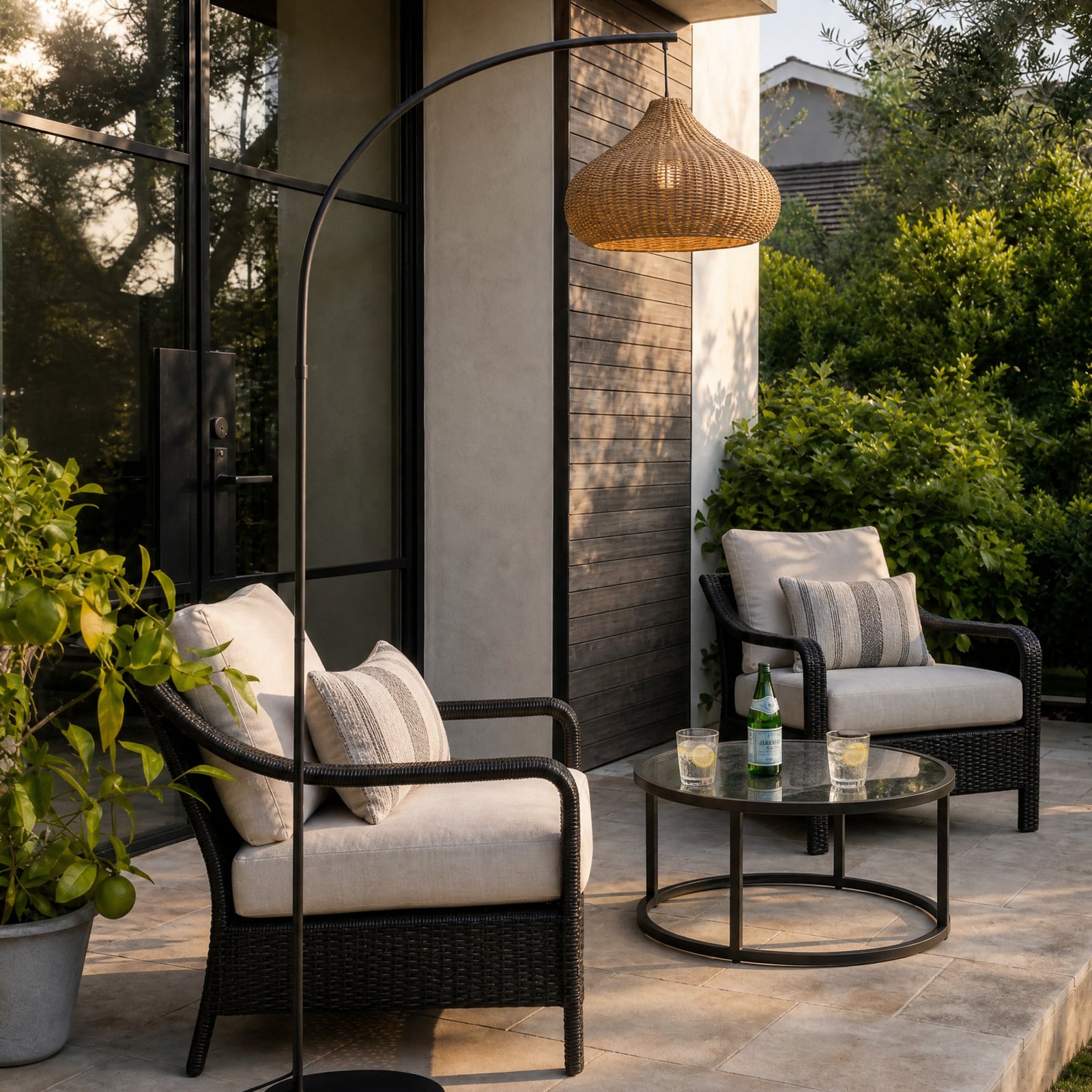 Lampadaire d'extérieur Lucande Taniola, beige, rotin, 195 cm, IP44