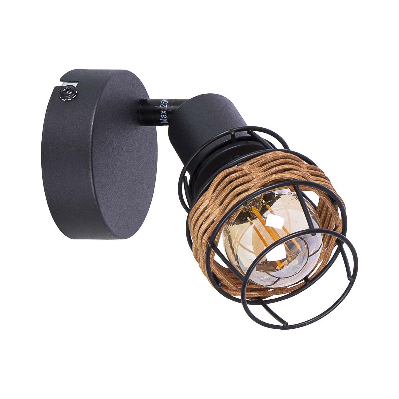 Malik wall spotlight, black/rattan, 1-bulb