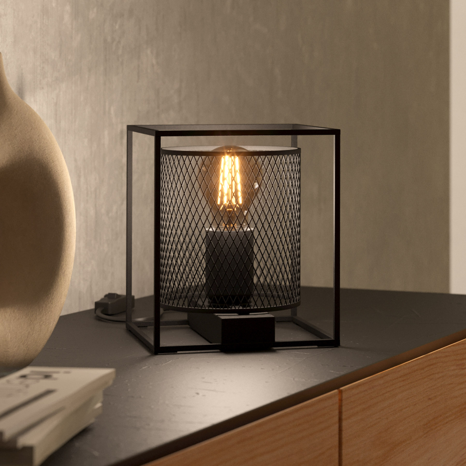 Catterick table lamp, black, cage lampshade