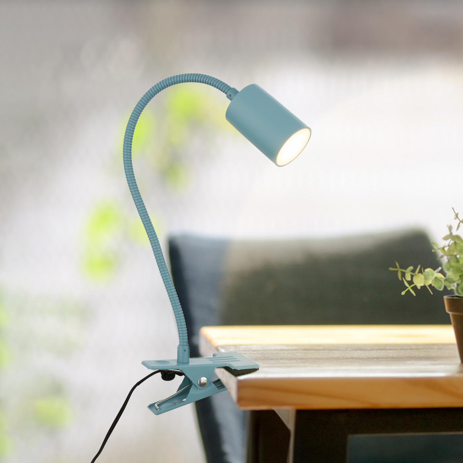 LED-Klemmleuchte Fleks, taubenblau, flexibel, Metall