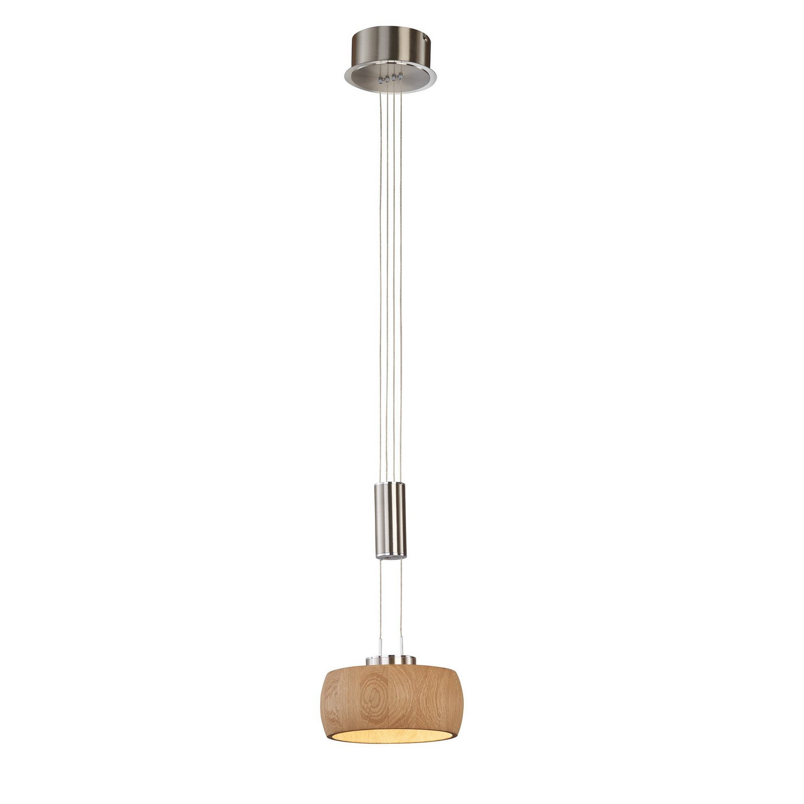 Lampă suspendată LED Shine-Wood, lemn de stejar/nichel, Ø 21 cm, dimabil