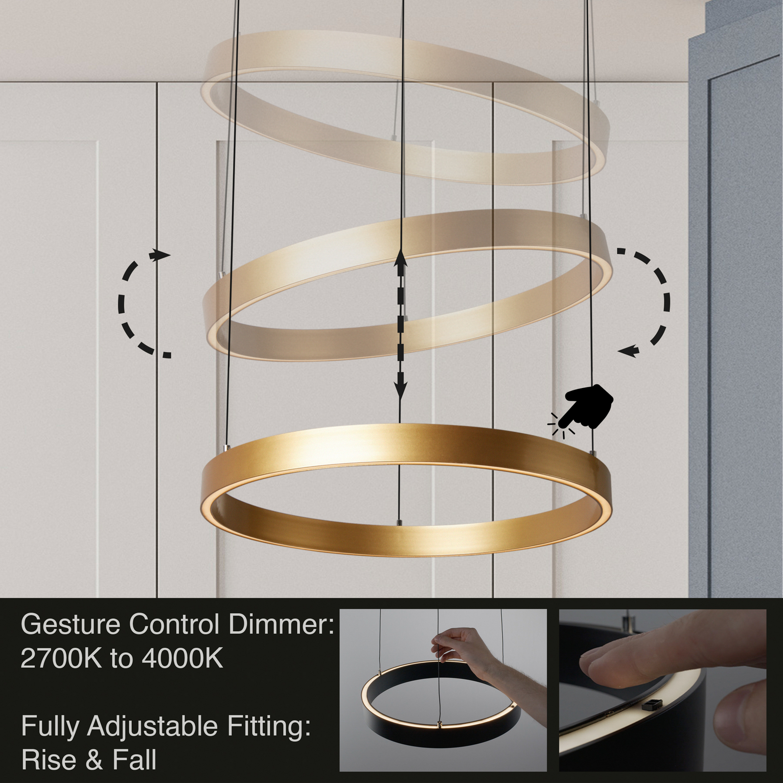 Żyrandol LED Layla, złota, Ø 64 cm CCT, z regulacją wysokości