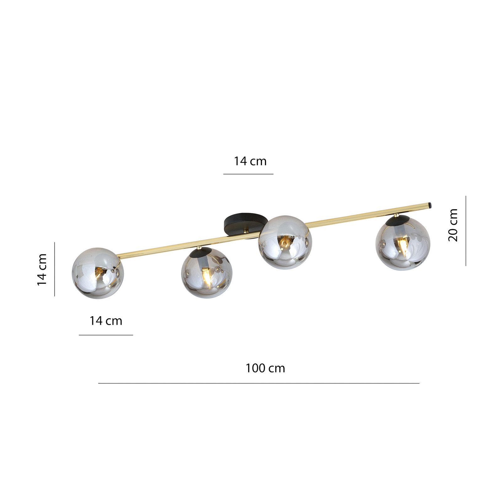 Plafondlamp Glassy 4-lamps lineair zwart/goud/grijs