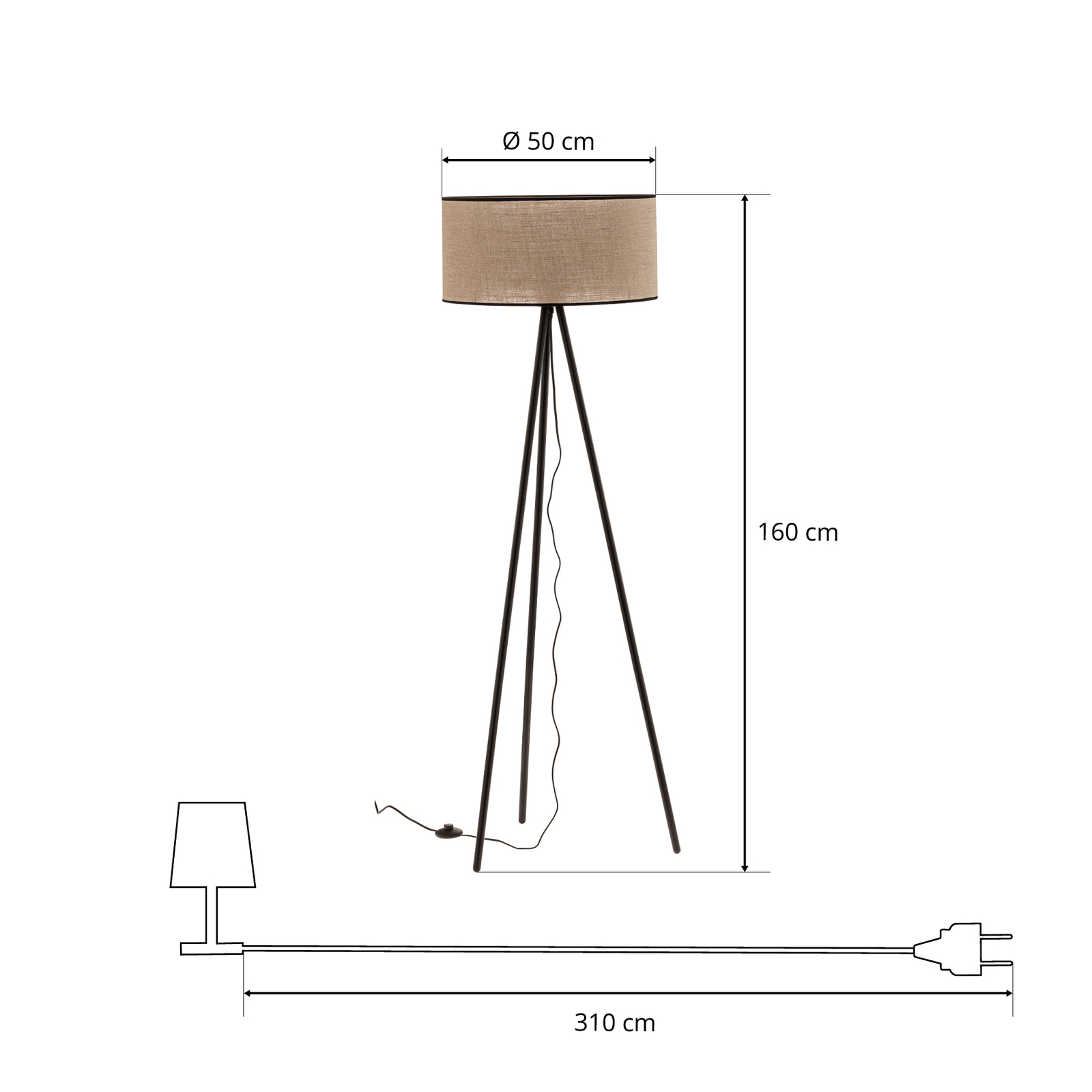 Lampadaire Tubo avec abat-jour tissu beige trépied