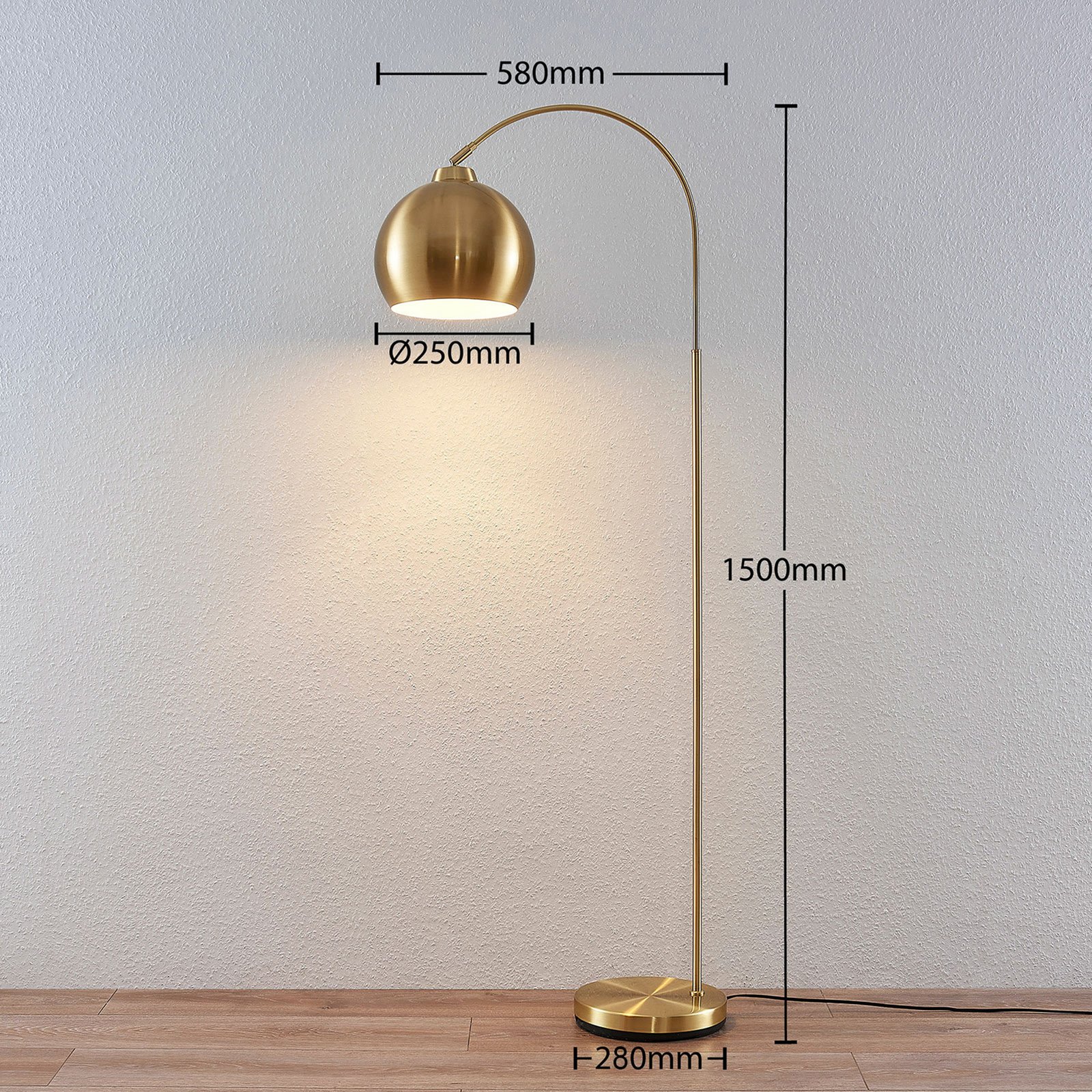 Lindby kaareva lattiavalaisin Moisia, messinginvärinen, metalli, 148 cm