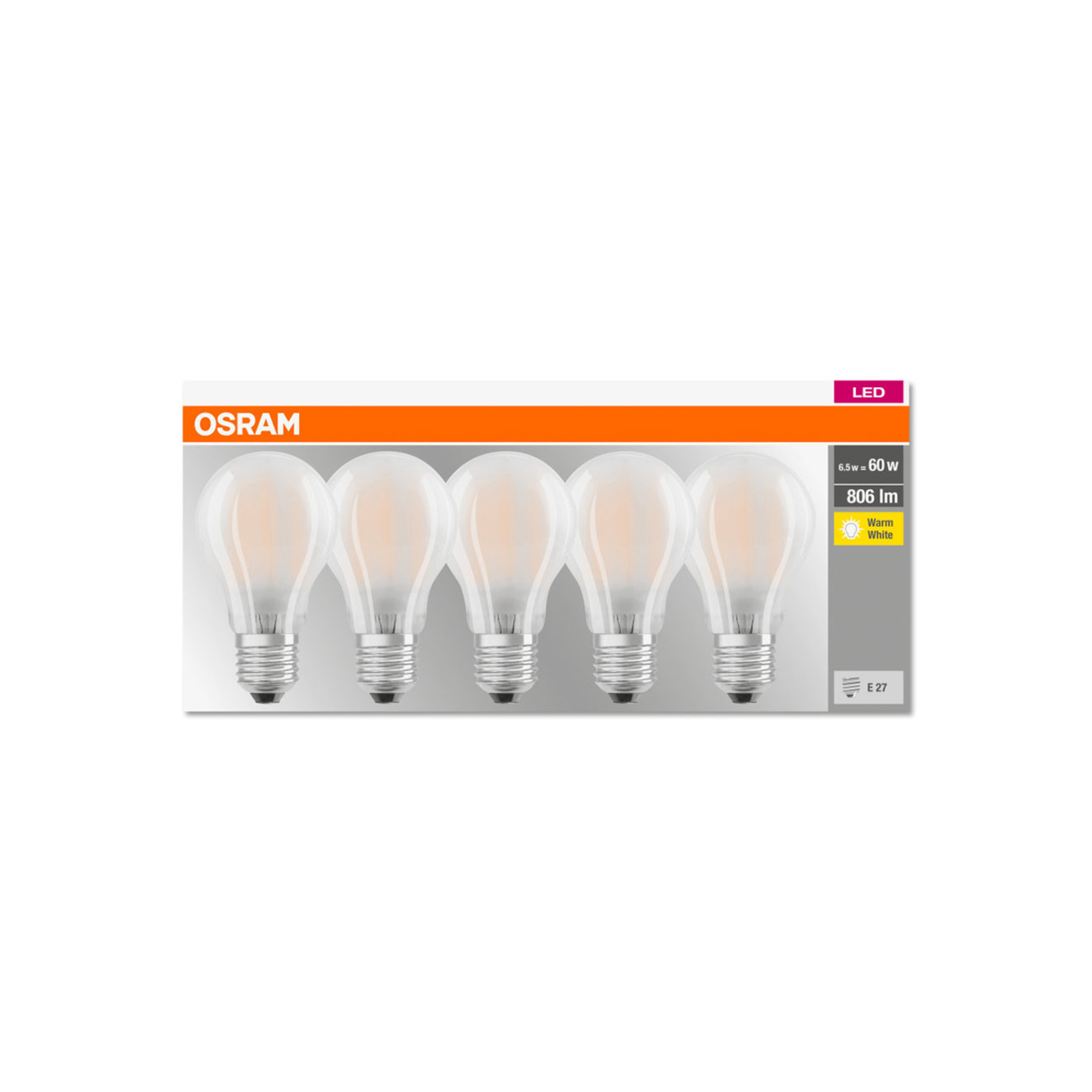 OSRAM LED-Lampe Classic E27 6,5W 2.700K 806lm 5er