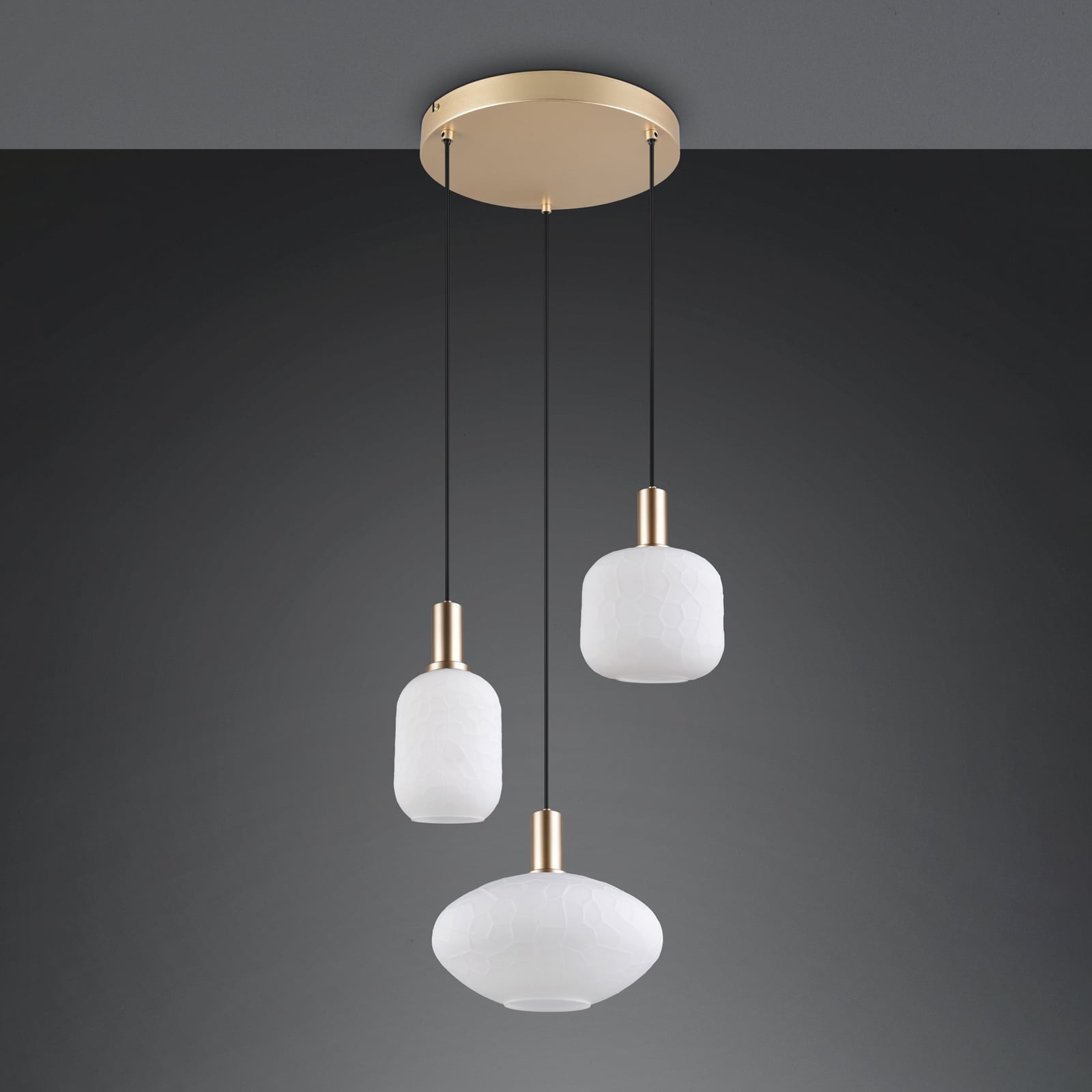Hanglamp Emelie, 3-lamps, goudkleurig/wit, metaal, glas, E27