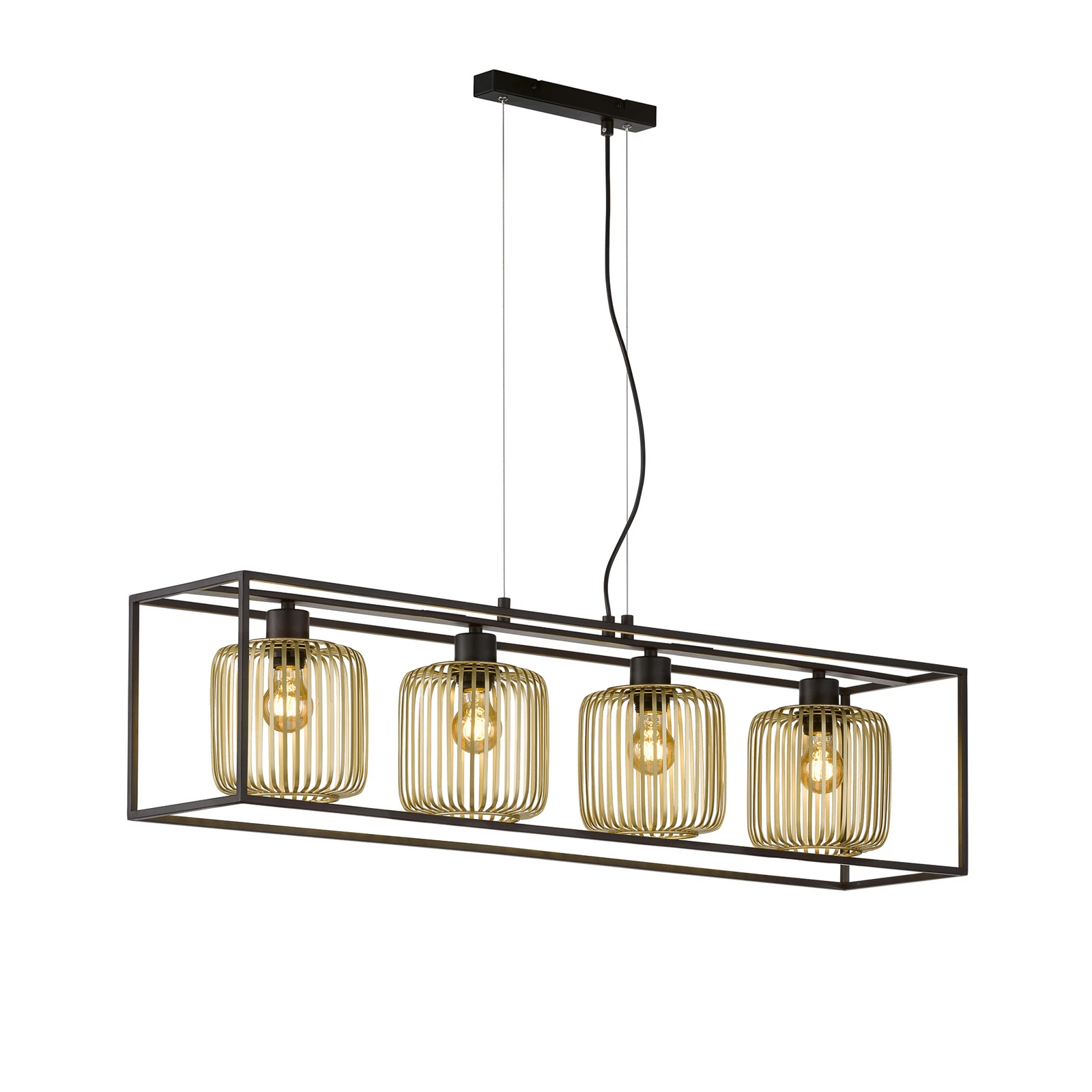 Lampada a sospensione Caydo, nero opaco/oro, lunghezza 110 cm, a 4 luci.