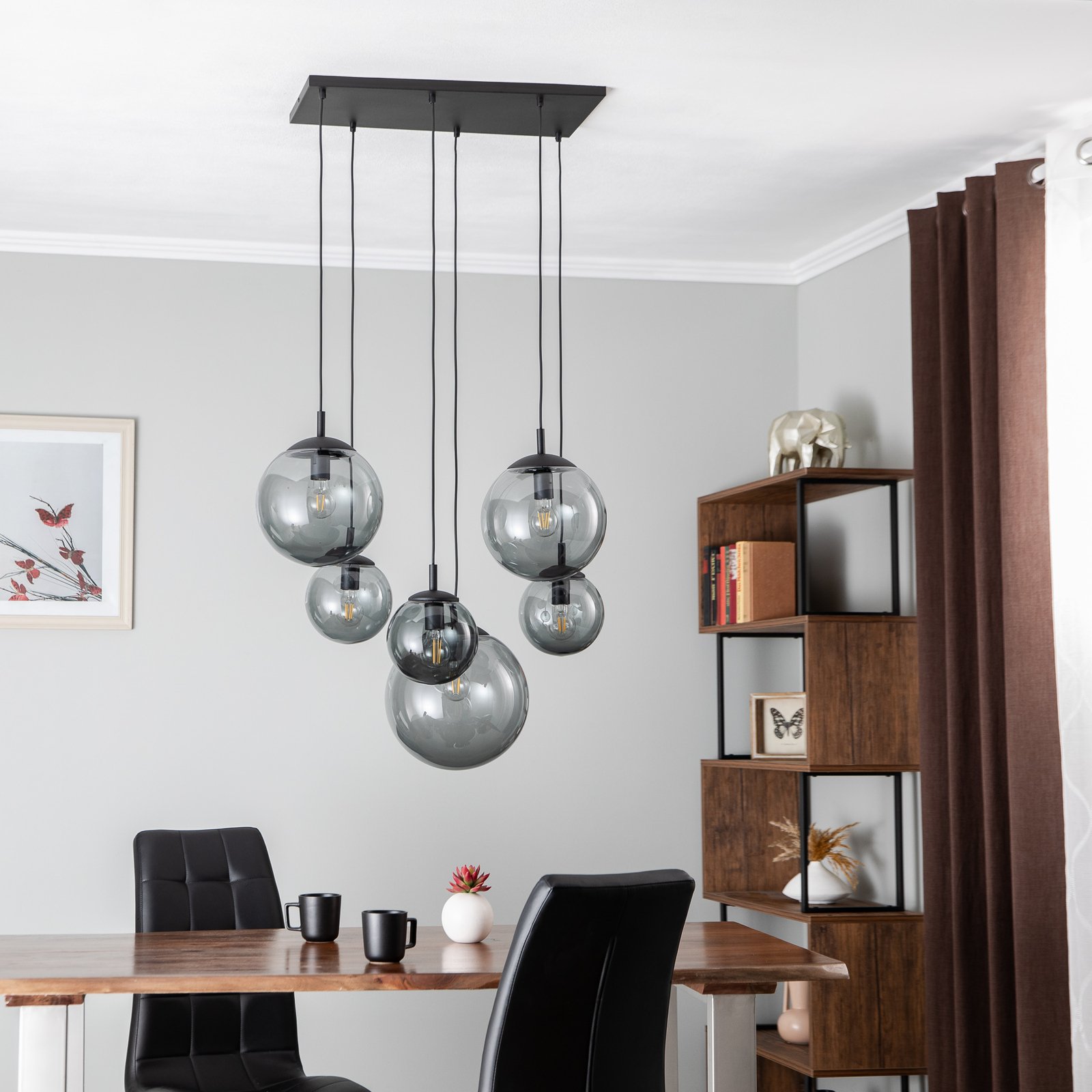 Hanglamp Esme, glas, grafiet-transparant, 6-lamps, rechthoekig