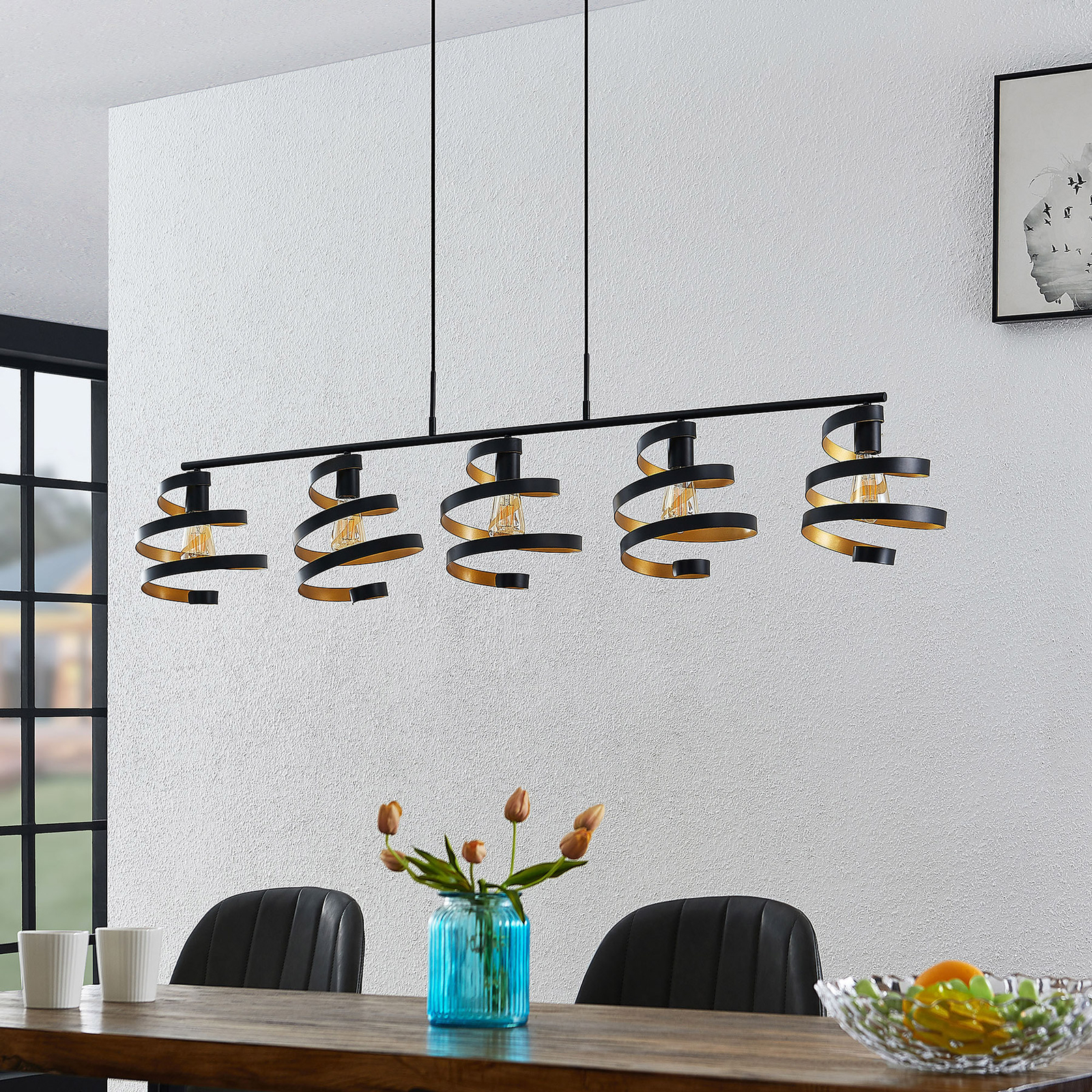 Lindby Colten függő lámpa, 5 izzós, fekete, arany