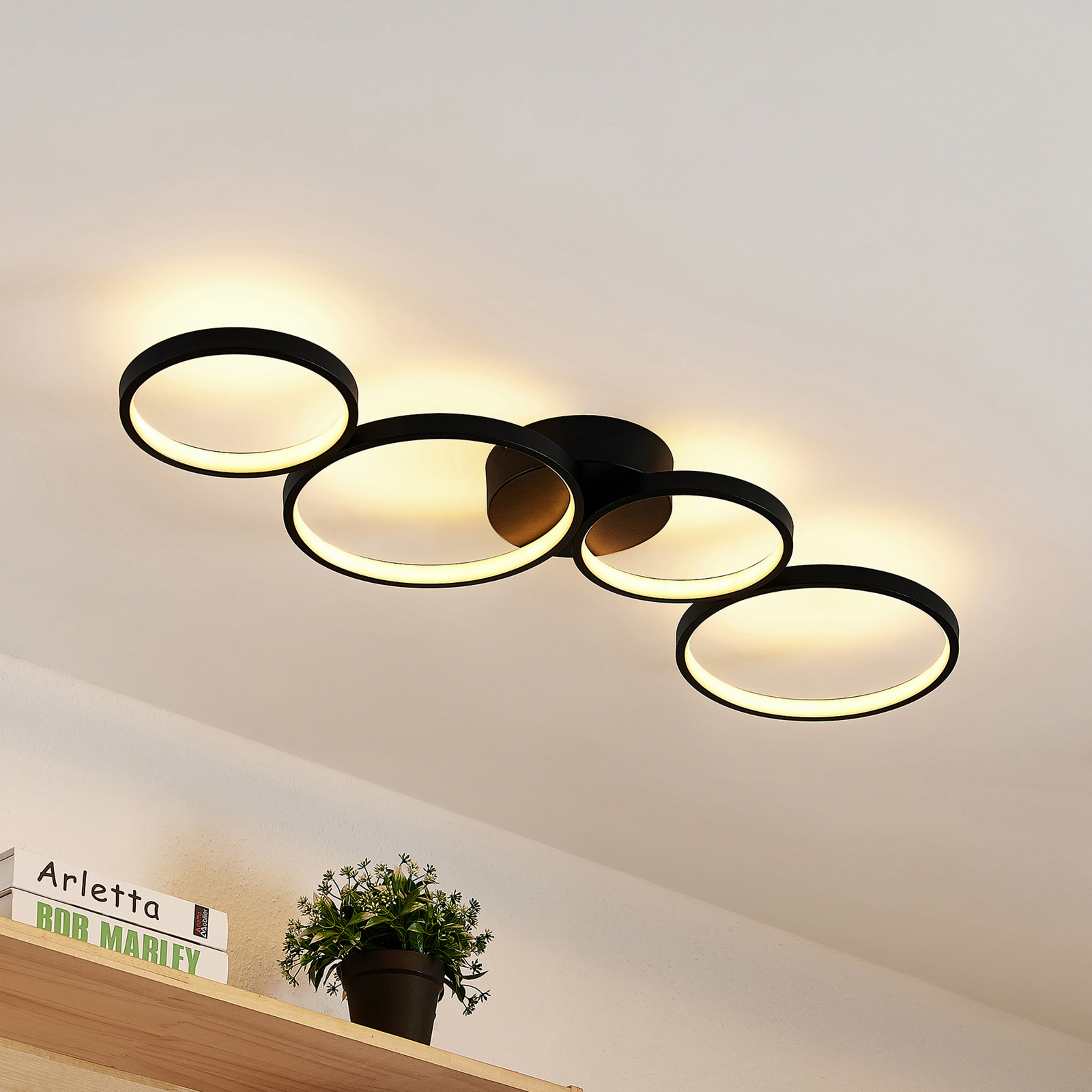 Lindby Plafonnier LED Evengeline, noir, aluminium, 88 cm