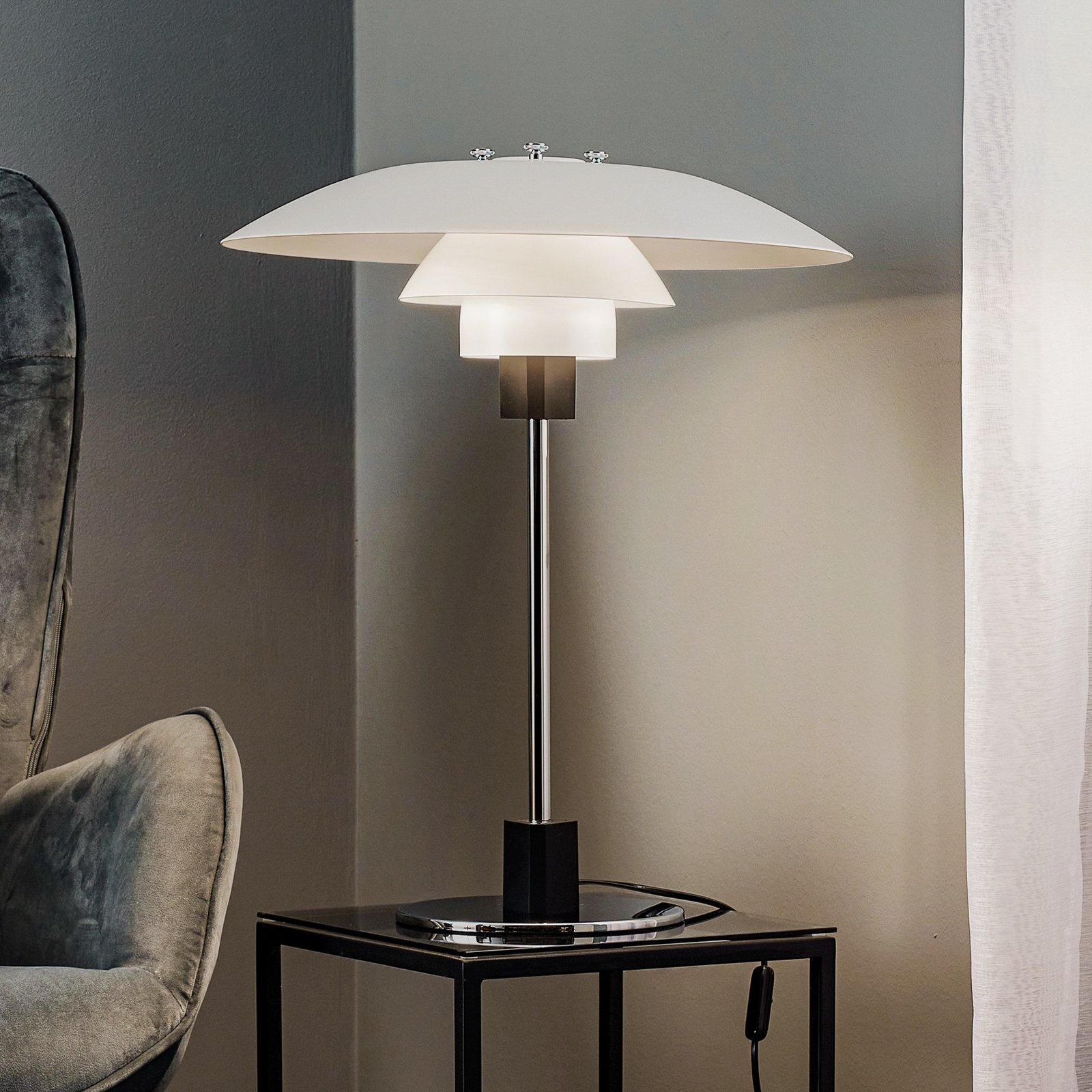 Louis Poulsen PH 4/3 stolní lampa chrom/bílá