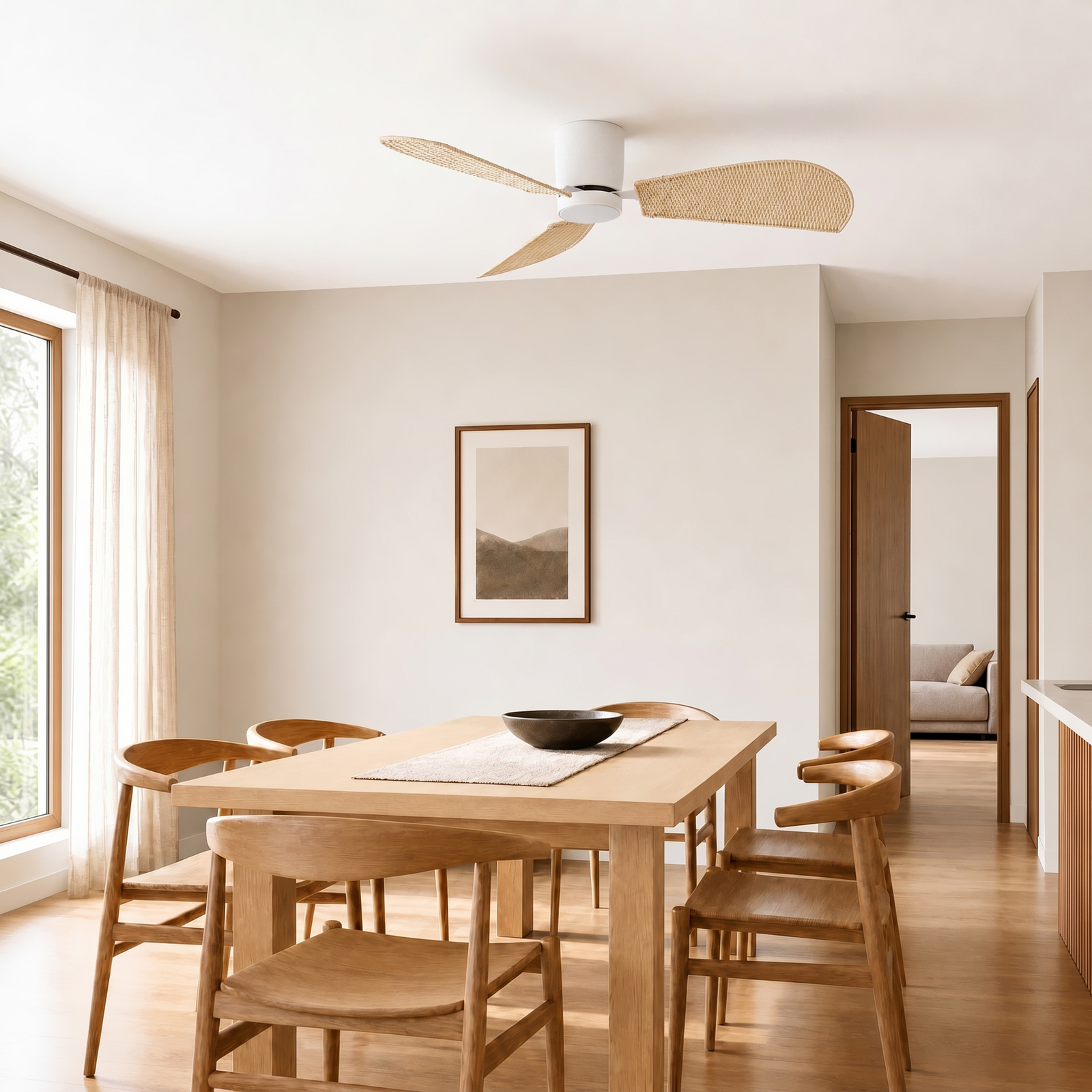 Ventilatore da soffitto LED Faipari con luce, bianco/rattan, 132 cm, DC - Ventilatore da soffitto LED Faipari con luce, bianco/rattan, 132 cm, DC -