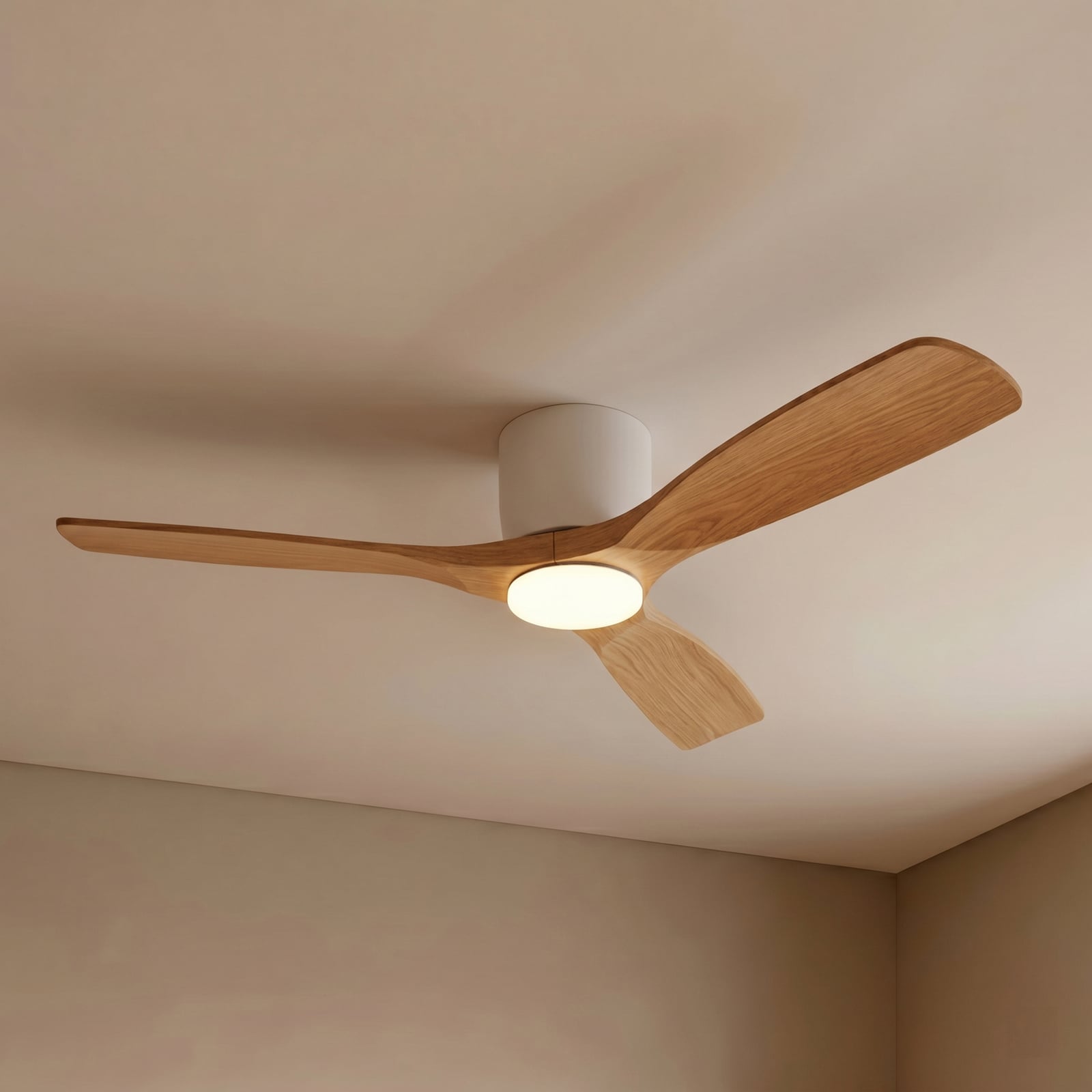 Moneno LED ceiling fan, white/wood - Lucande