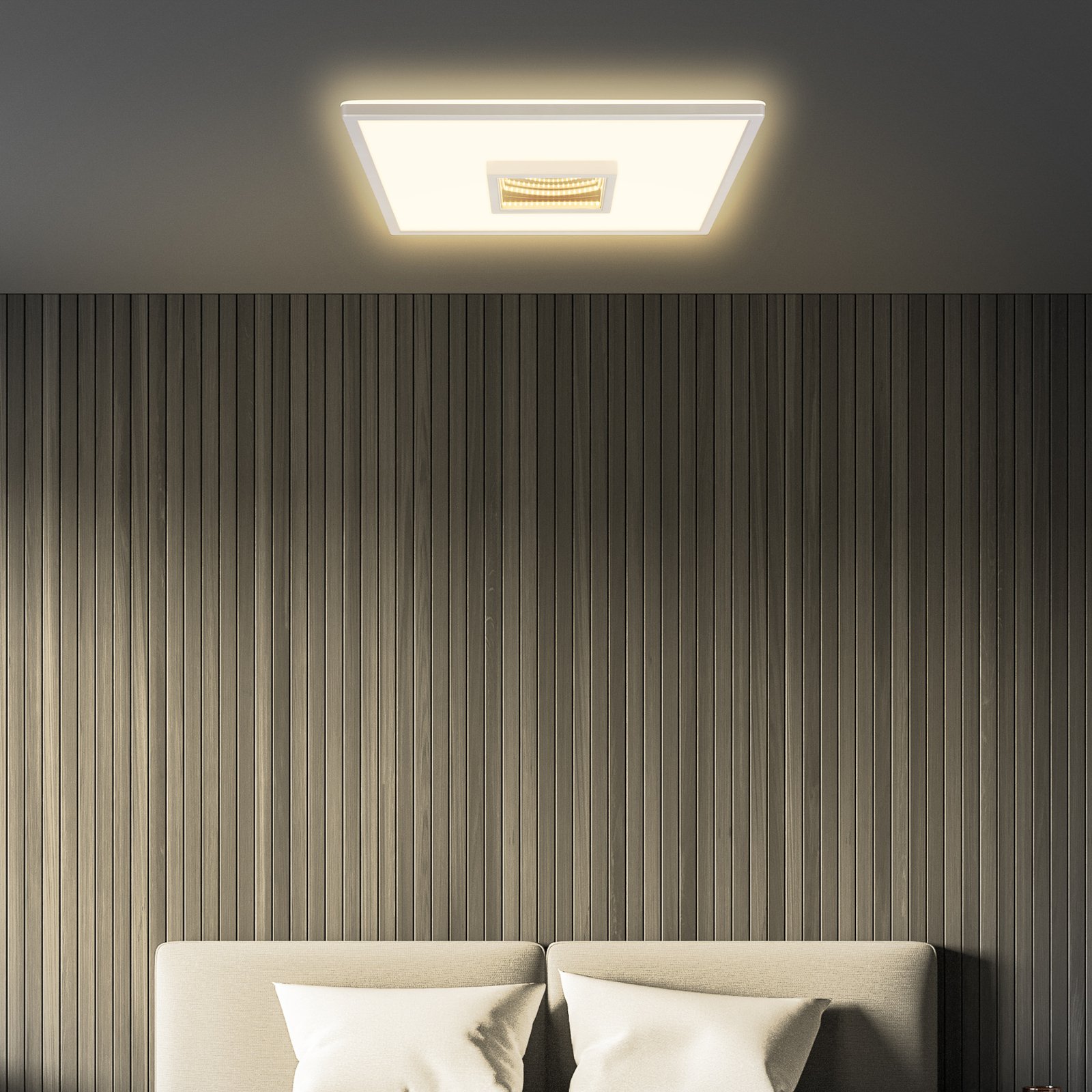 Toro LED ceiling light, matt chrome, 42x42 cm, plastic