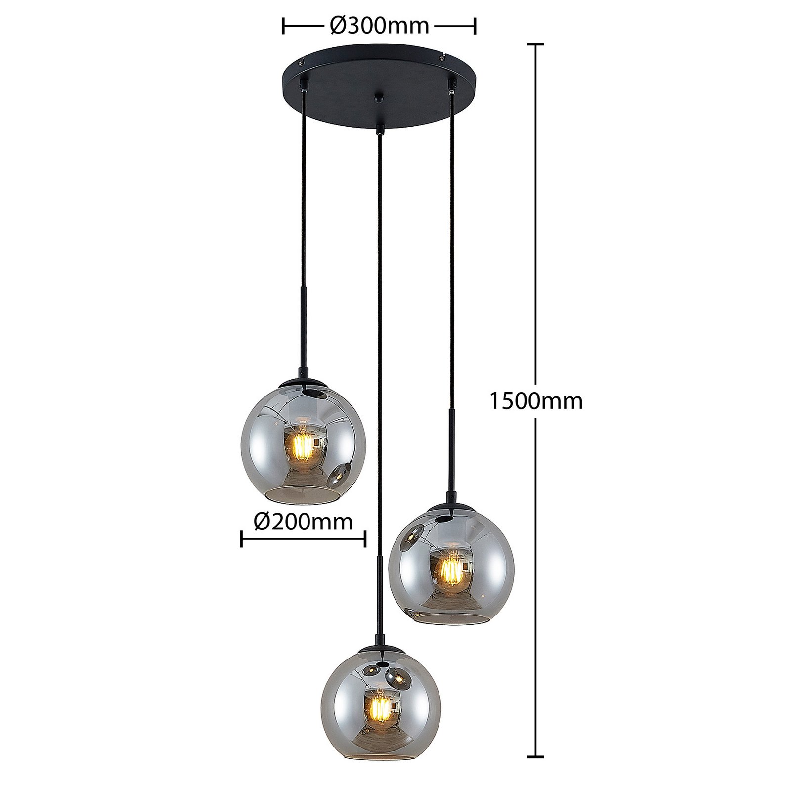 Jurian 3 Round Závěsná Lampa Black/Smoke - Lindby