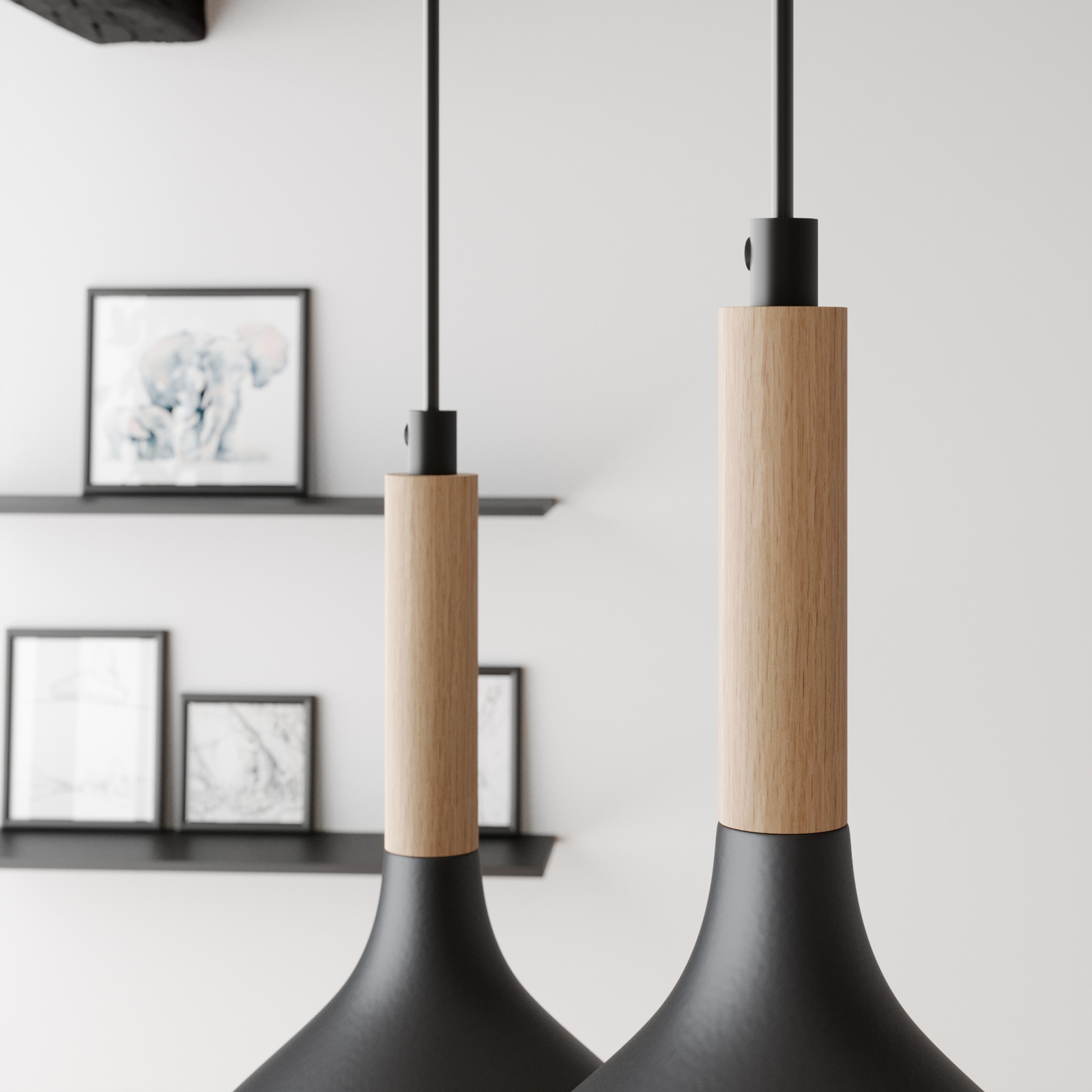 Noak hanging lamp 3-bulb round black/natural wood