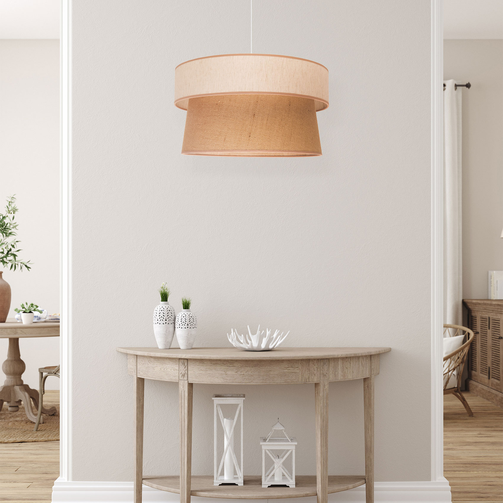 Hängeleuchte Etnic, Doppelschirm, beige/Jute braun