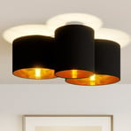 Lindby plafondlamp Laurenz, 3-lamps, zwart/goud, textiel