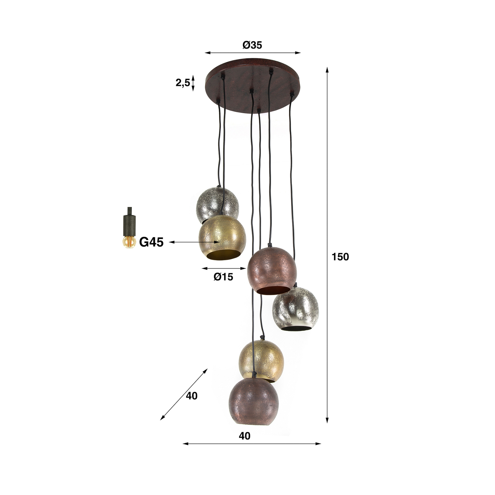 Suspension Mixa, 6 lampes, or / argent / bronze