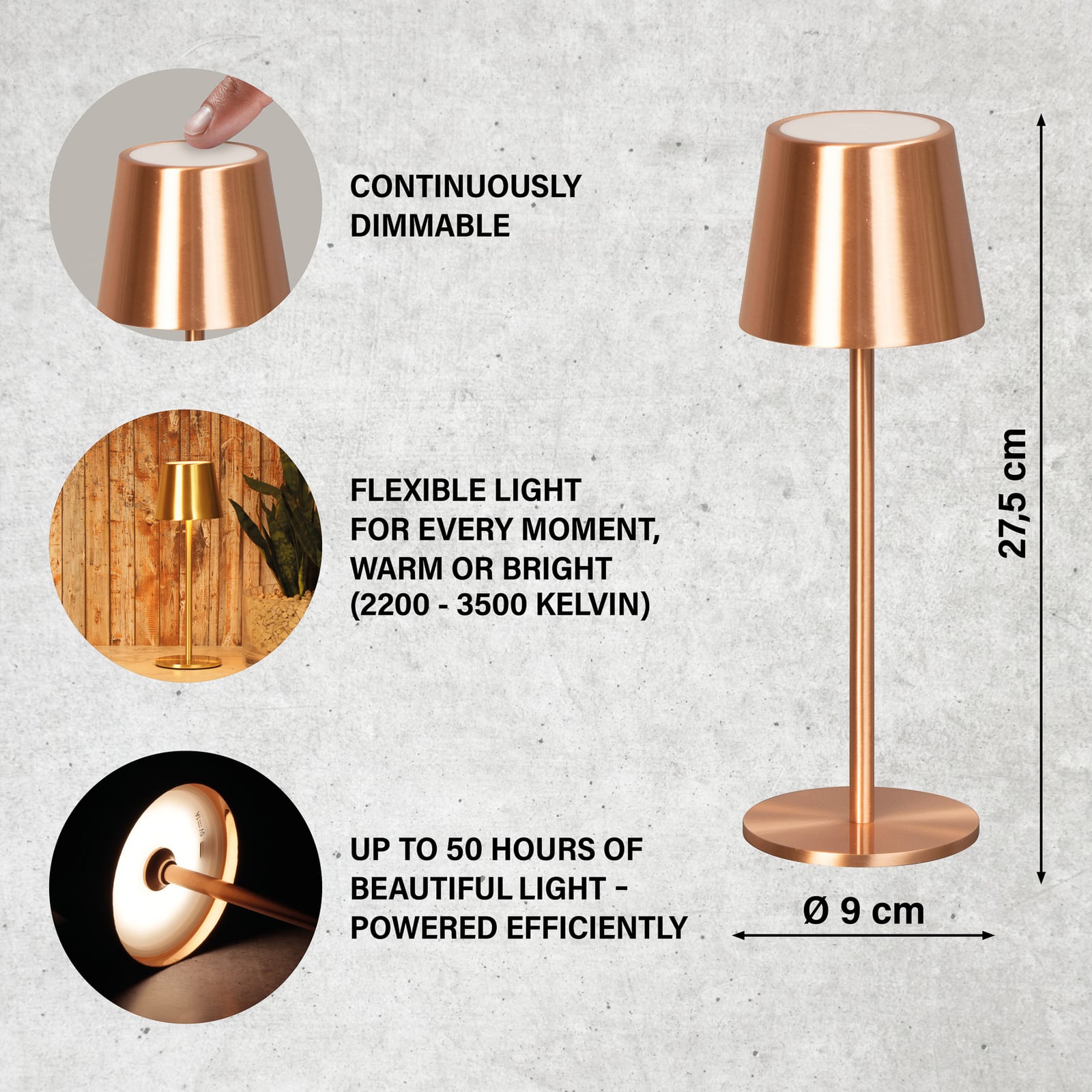 LED tafellamp Roxi, koperkleurig, metaal, IP54, dimbaar