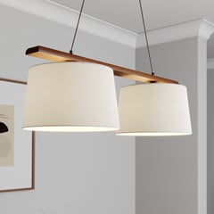 Lámpara colgante Suecia, blanco antiguo, textil, nogal, 2 luces
