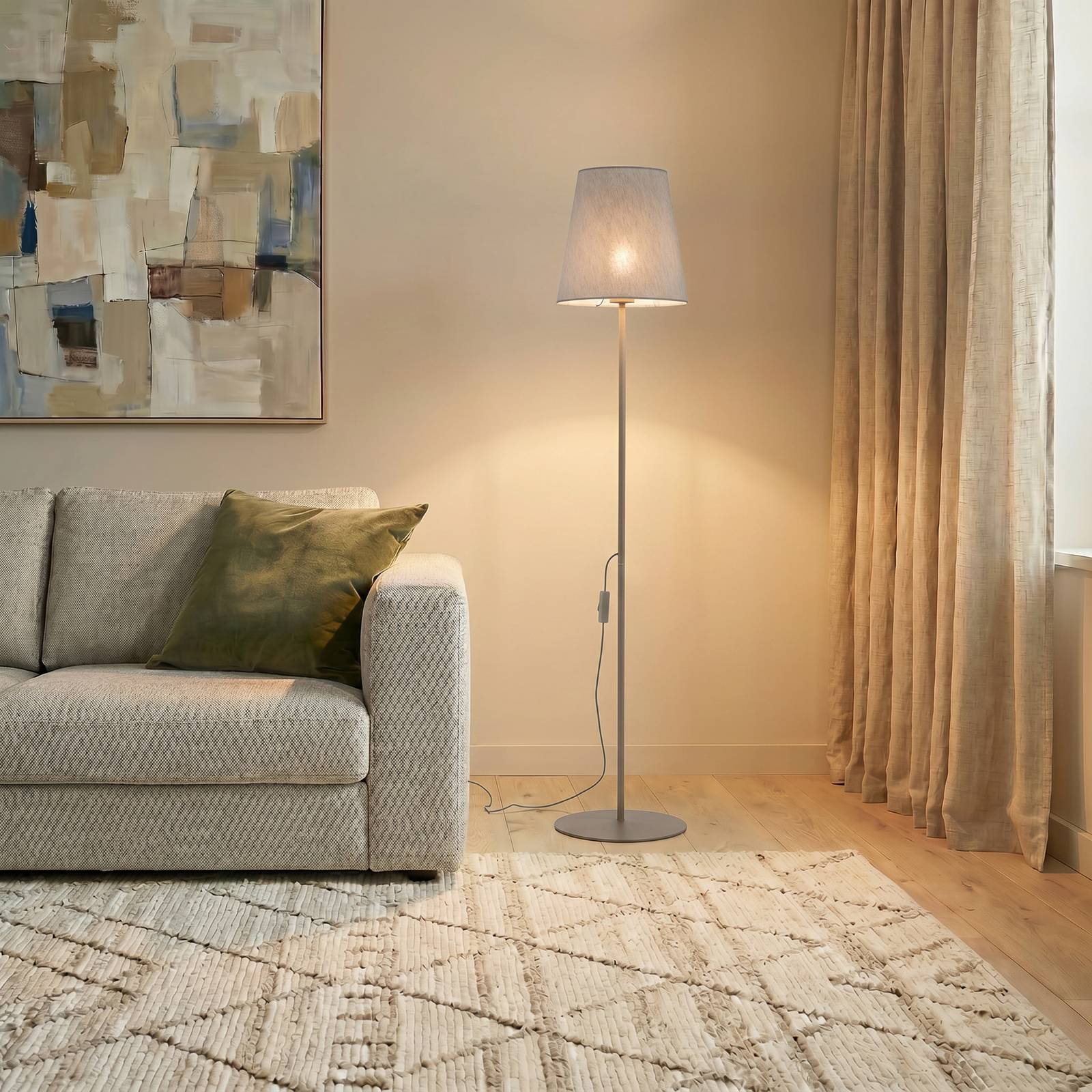 Lampa podłogowa Elizabeth, kolor piaskowy/beżowy, len, wysokość 152 cm, E27