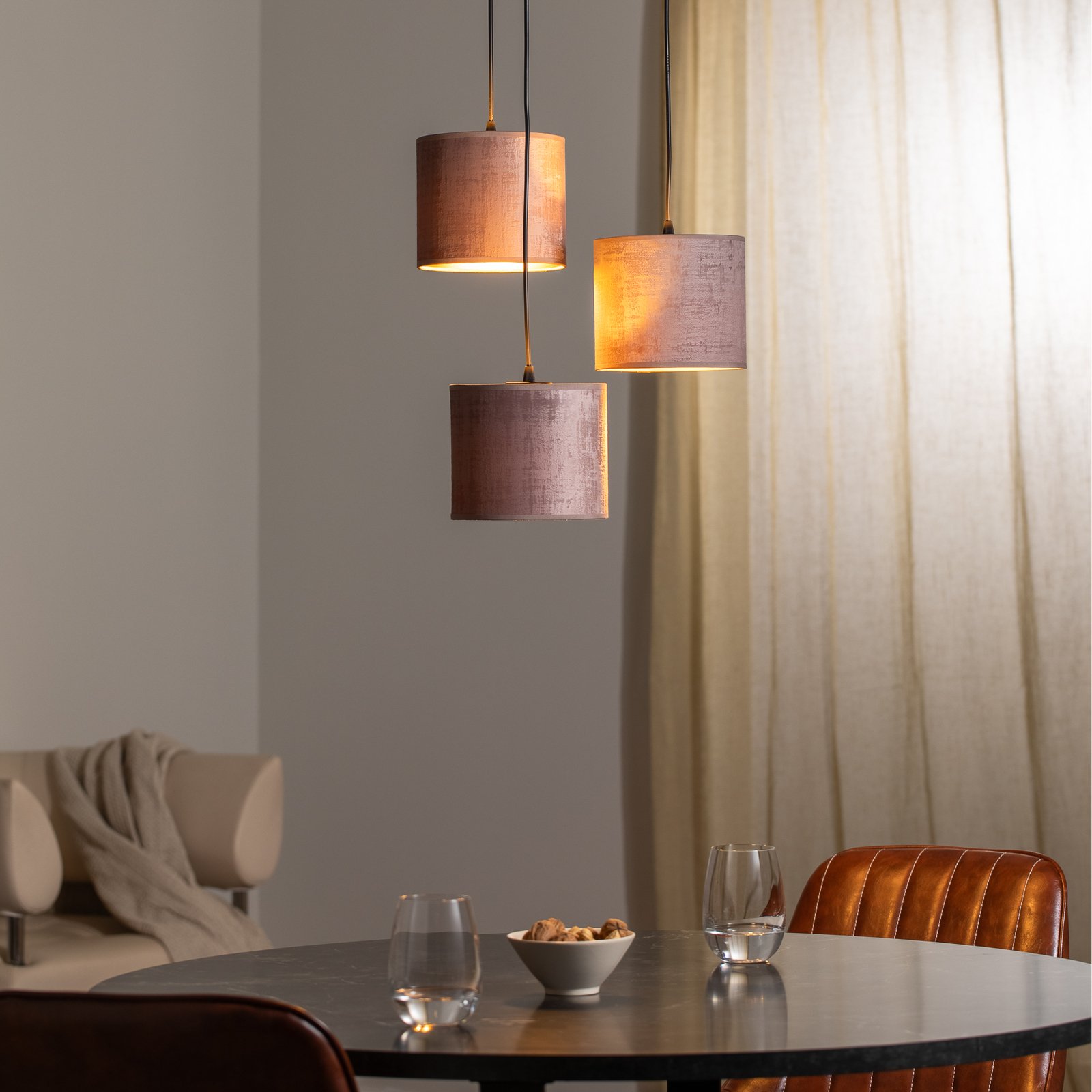 Hanglamp Jari stoffen kap 3-lamps rond rosé-goud