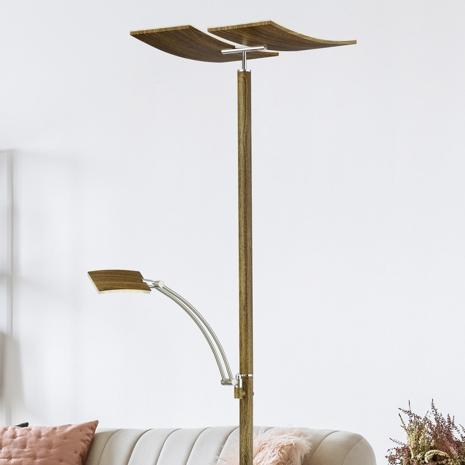 Lámpara de pie LED Duo con atenuador, madera