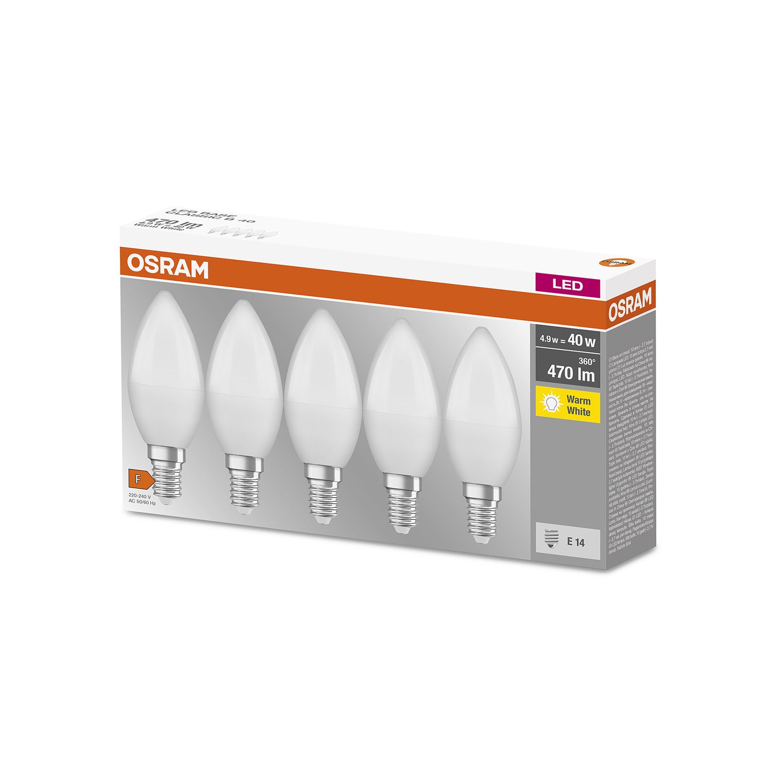 OSRAM Base Classic B LED-ljuslampa E14 4,9 W 5-set