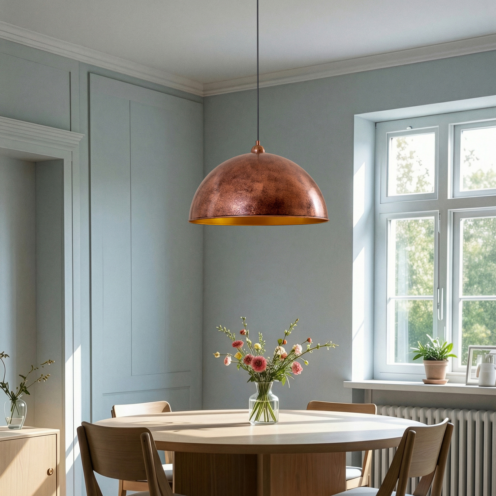 Casimir pendant light, burnished copper, Ø 50 cm, metal, E27