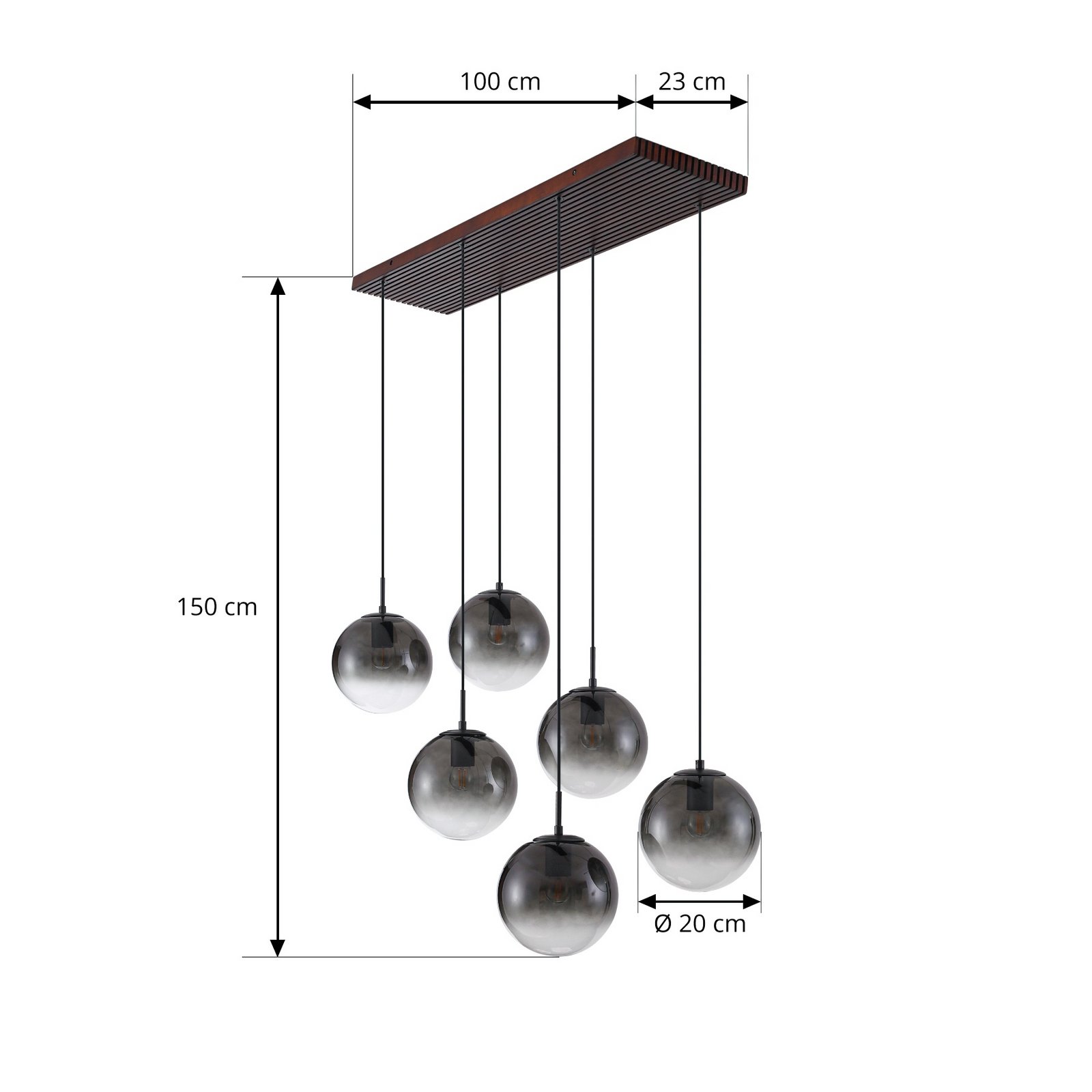 Lucande Veloura pendant light, 6-bulb, 100 cm, glass, wood