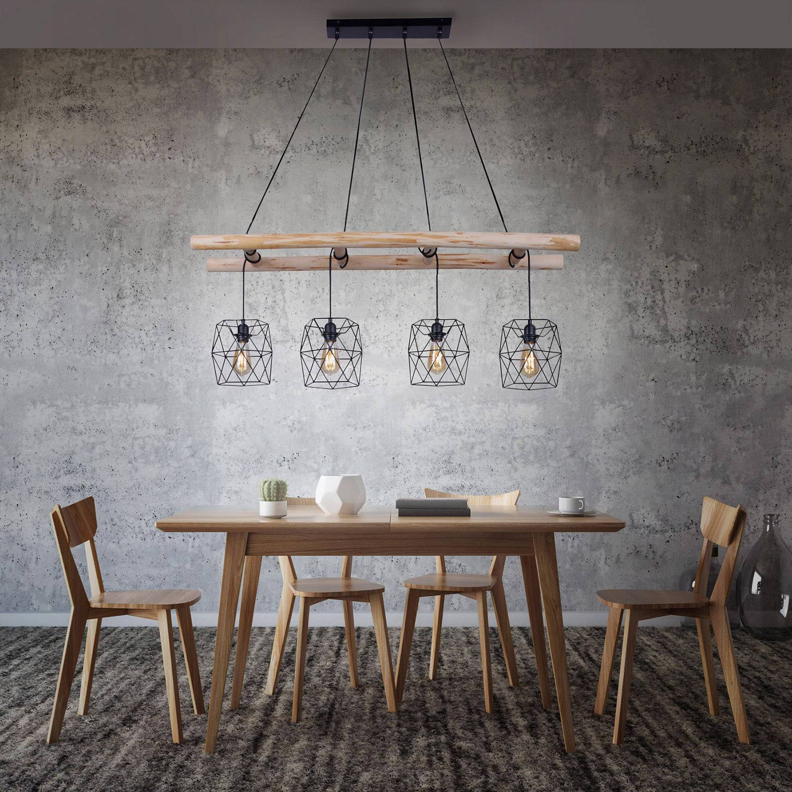 JUST LIGHT. Suspension Edgar en bois 4 lampes abat-jour cage