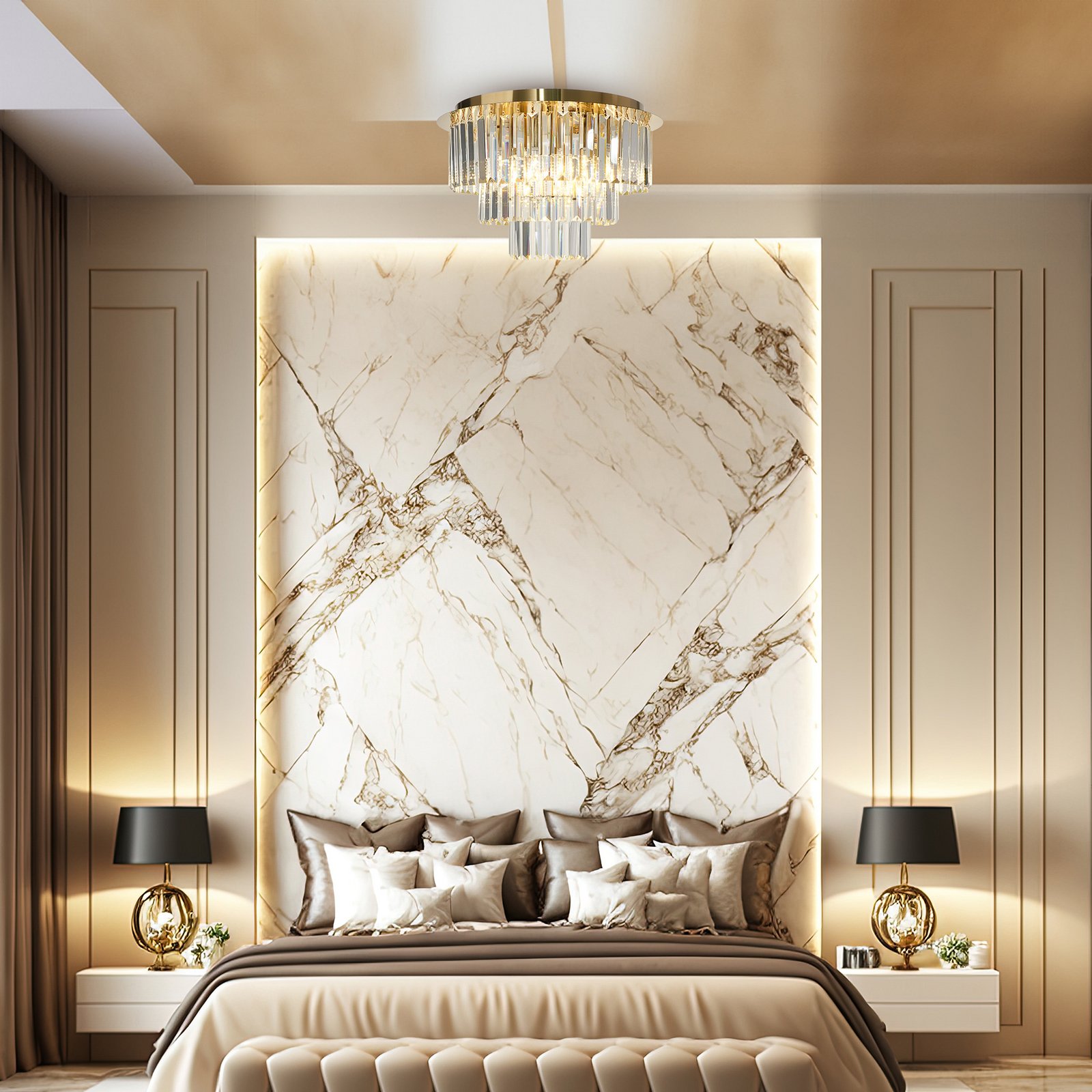 Milano ceiling light, Ø 45 cm, gold/crystal, glass, 6 x E14
