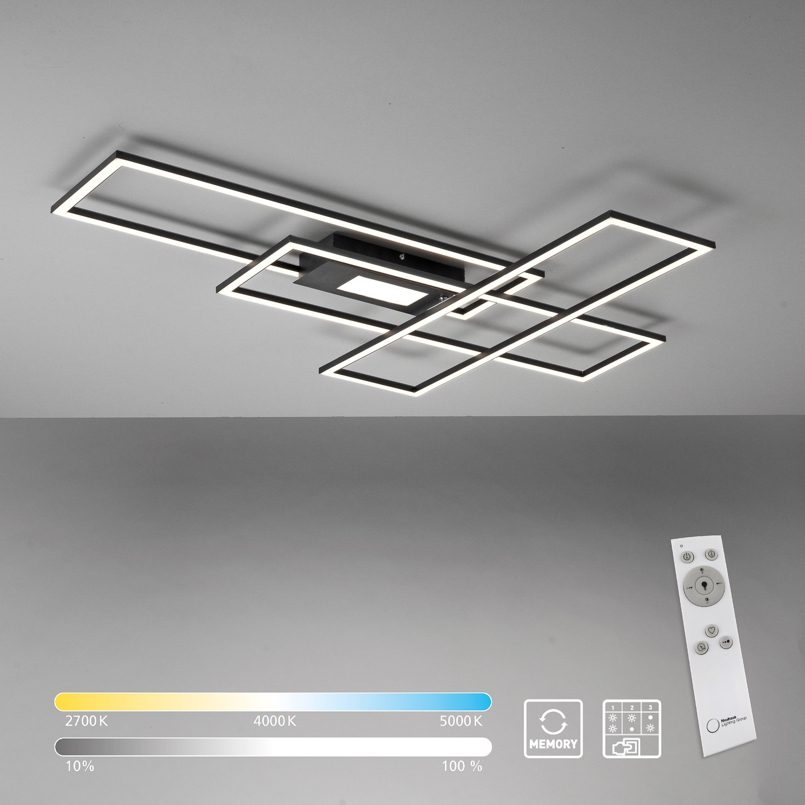 Plafonnier LED Asmin, CCT, noir, 98,9x69,4 cm