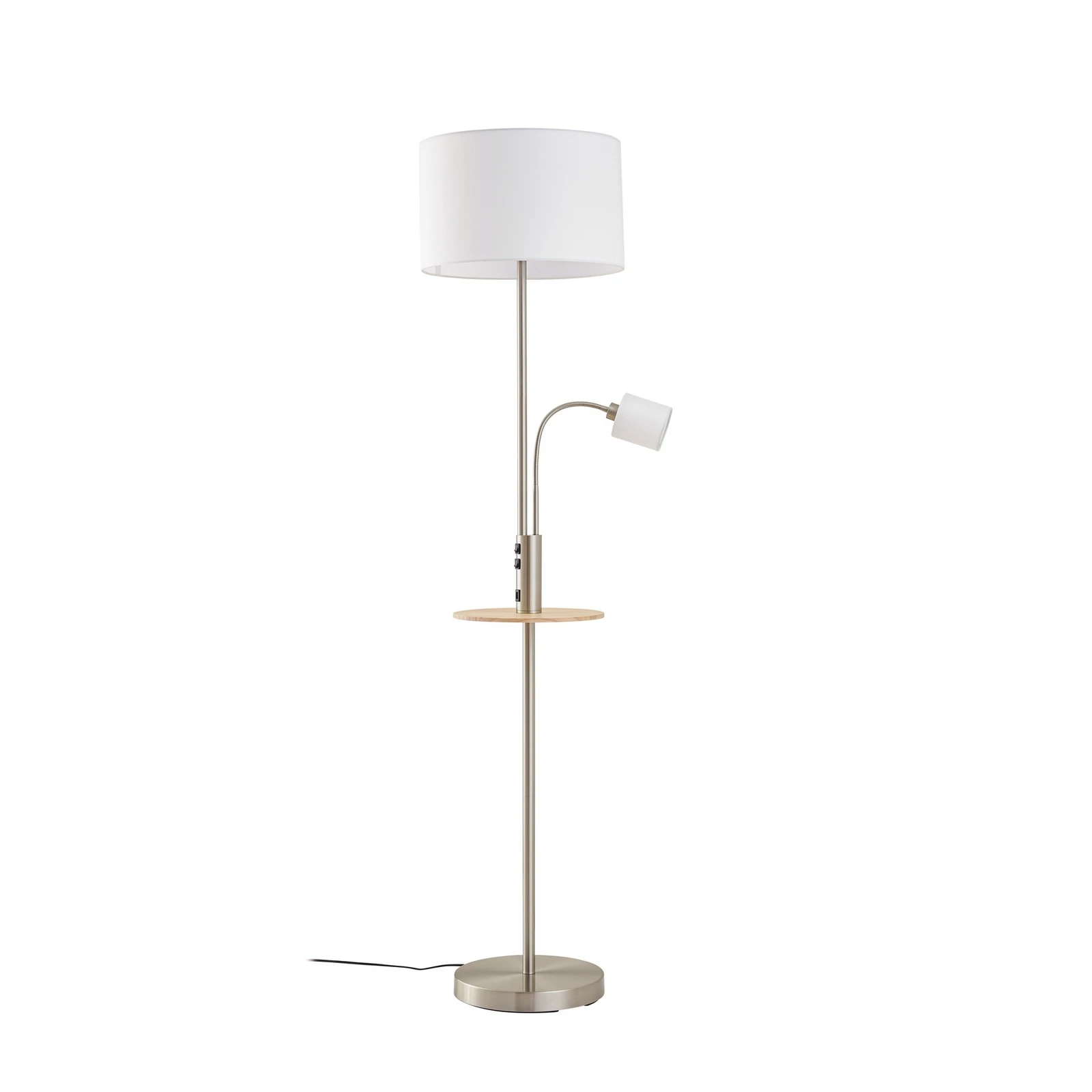 Lindby Lampadaire Aovan, couleur nickel, tablette, port USB