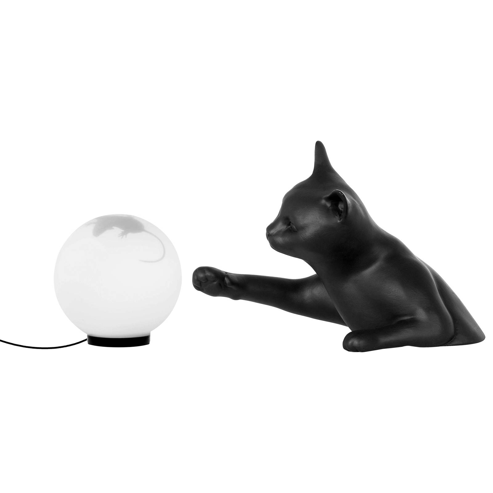 Karman Tischleuchte Maoo, Keramik schwarz, Glas, Katzenfigur