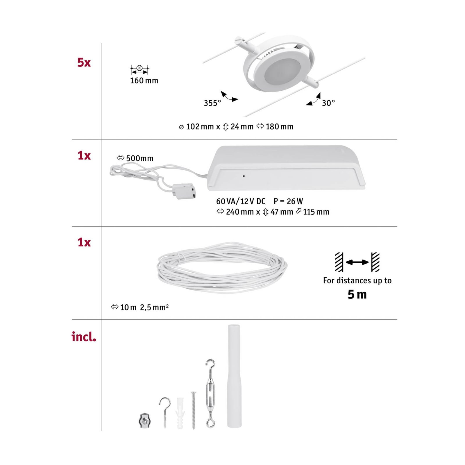 Wire RoundMac LED-vaijerijärjestelmä, valkoinen, 5-lamppuinen - Paulmann