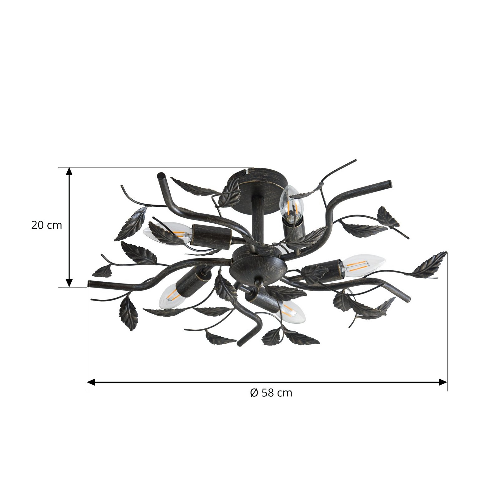 Lindby taklampa Yos, 5 lampor, 58 cm, svart-guld, E14