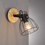 Die wall light with wood finish and cage lampshade