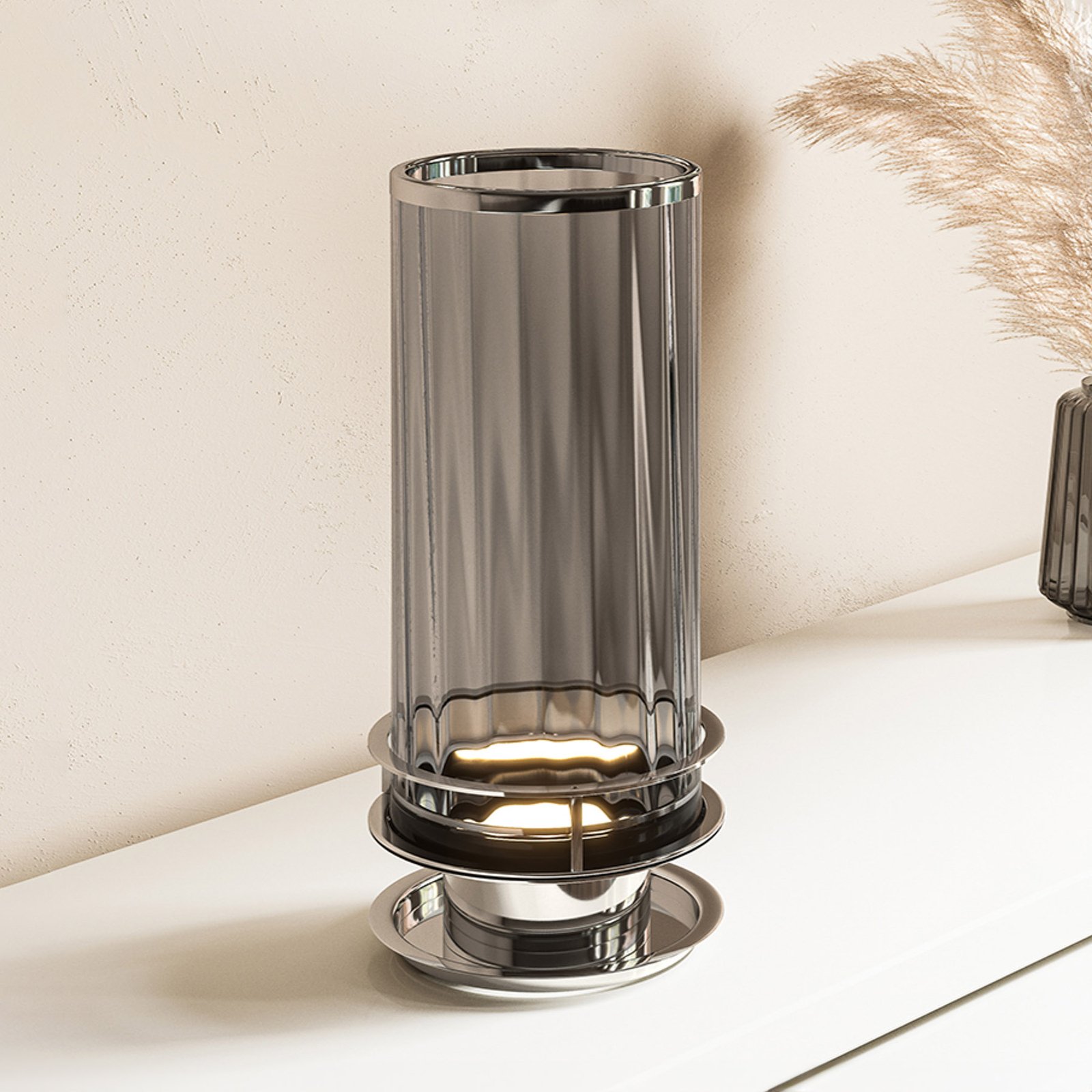 Tafellamp Arno, rookglas/nikkel gepolijst