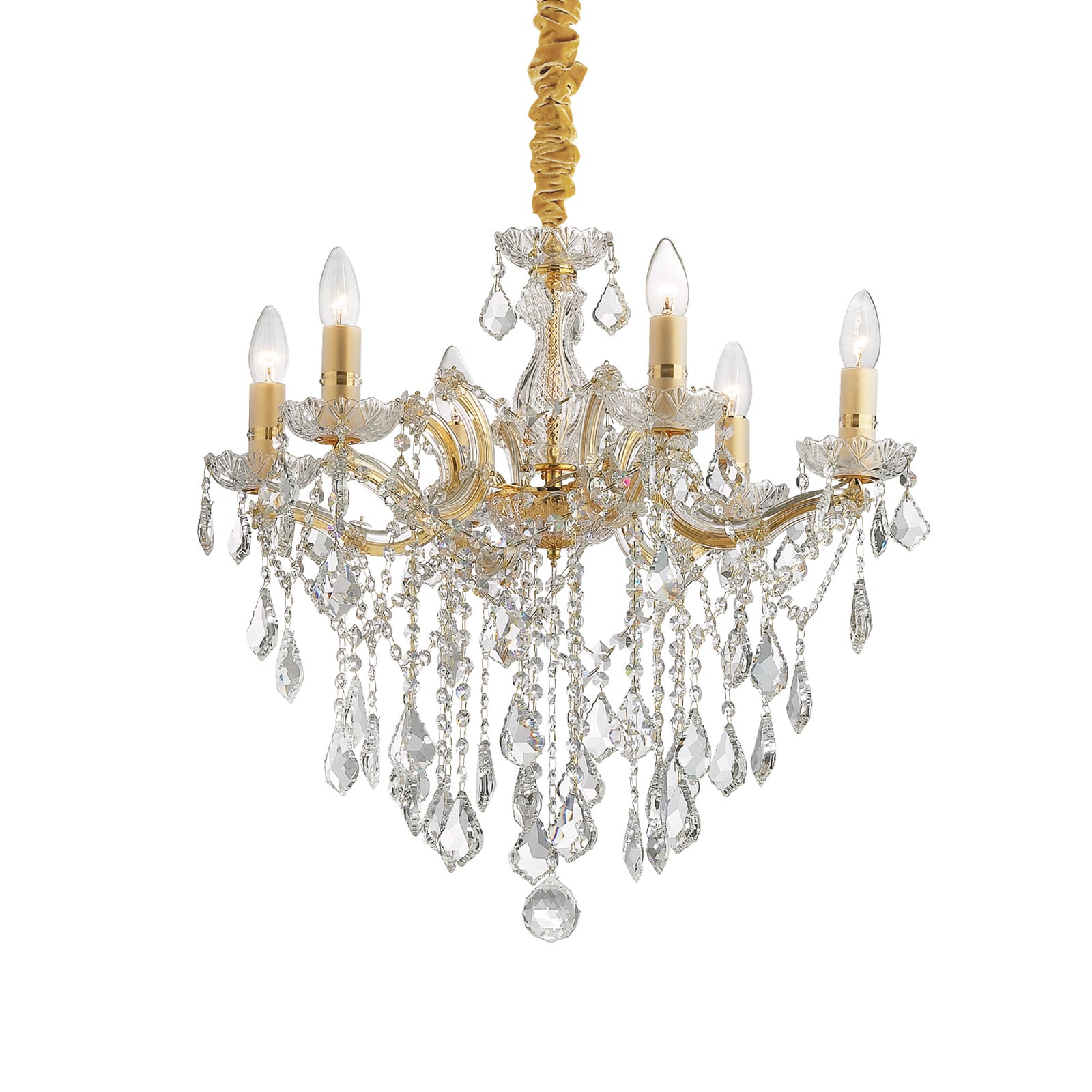 IDEAL LUX lustra „Florian“ zelta krāsā, kristāla, 6-spuldzes