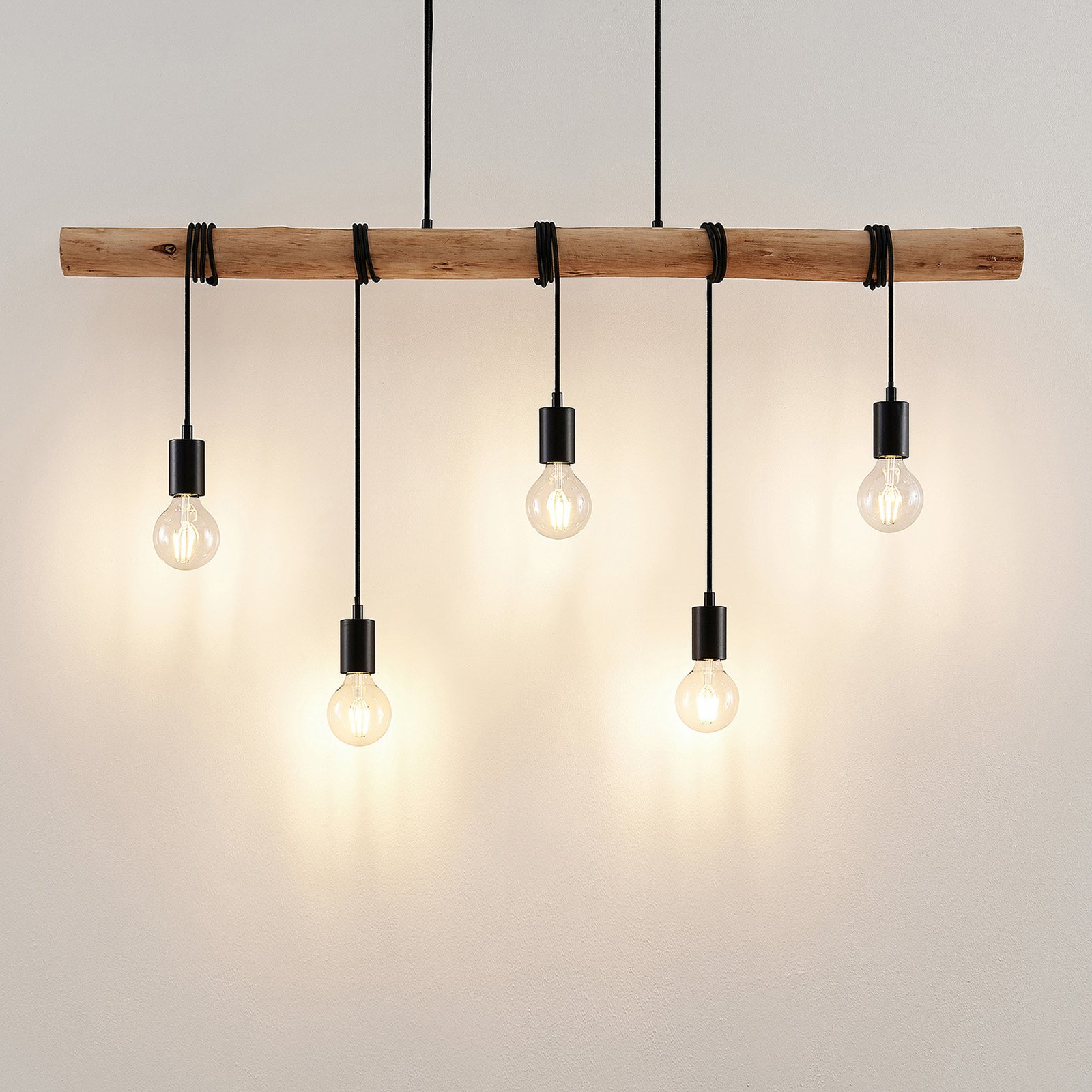 Lampada a sospensione Lindby Rom, a 5 luci, legno, corda, nero, 116 cm